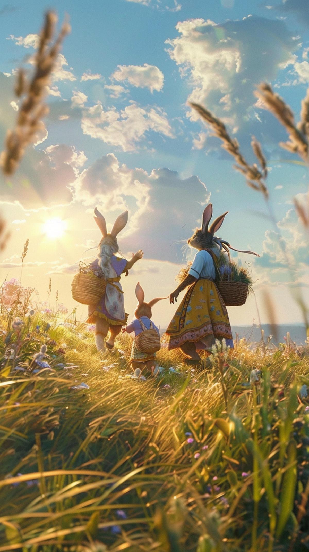 In the foreground, the family of fabulous hares in Russian national costumes goes to the fair from the basket of the world on the way through the meadow with high grass, in the sky the sun and light clouds, a scene from the film for children, high quality