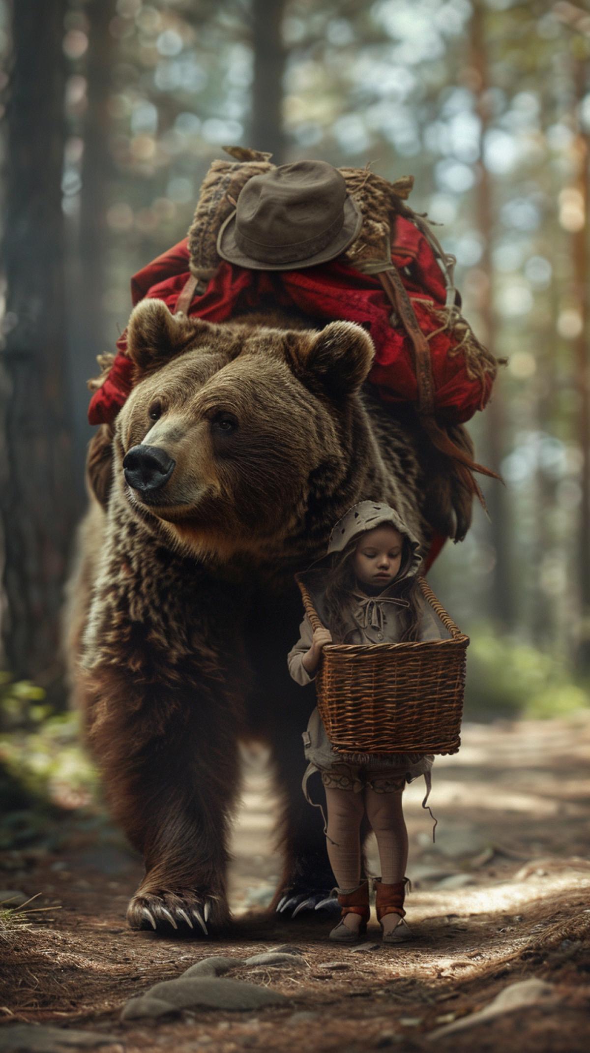 A bear in a red roar, boots and a dark cap goes on her hind legs and carries on her back a woven box from which a little girl peeps, a frame from a film for children, the atmosphere of a fairy tale, many details