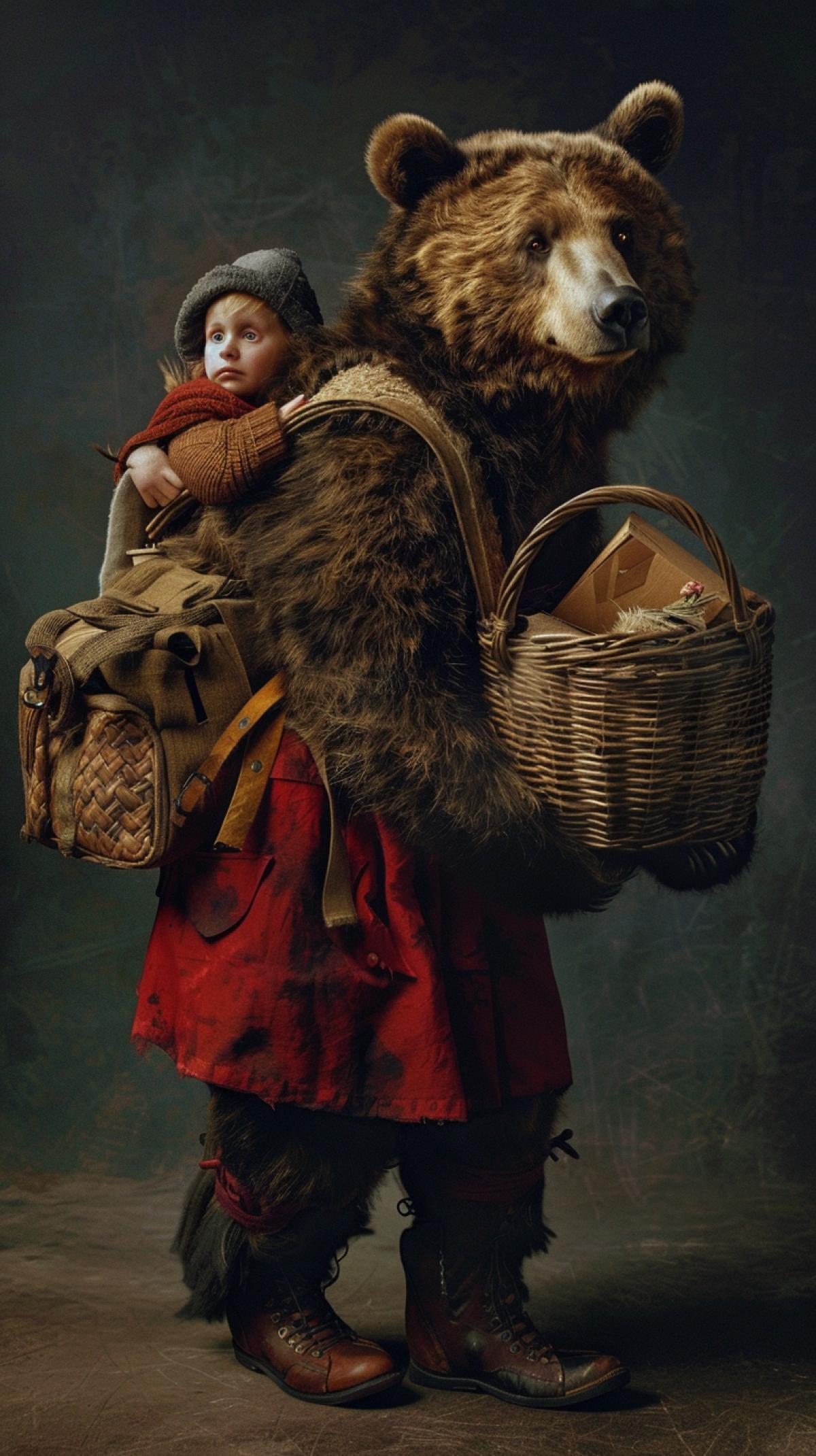 A bear in a red roar, boots and a dark cap goes on her hind legs and carries a wicker box on her back, from which a little girl peeps, a frame from a film for children, the atmosphere of a Russian folk tale, many details