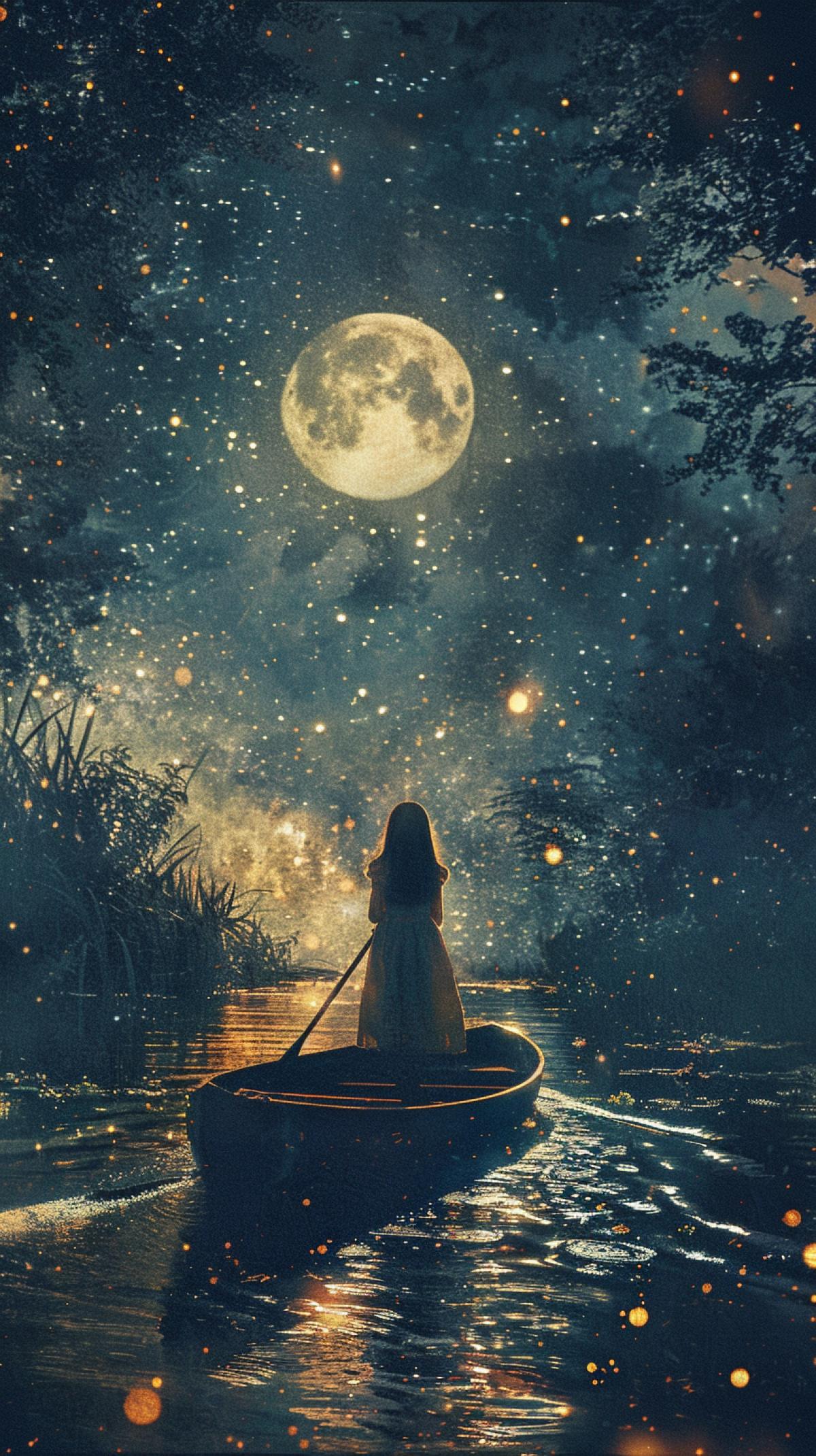The girl rowing standing in a boat on the lunar path of a night pond, soft light, many stars, an atmosphere of a fairy tale, soft, warm colors, a scene from a film for children