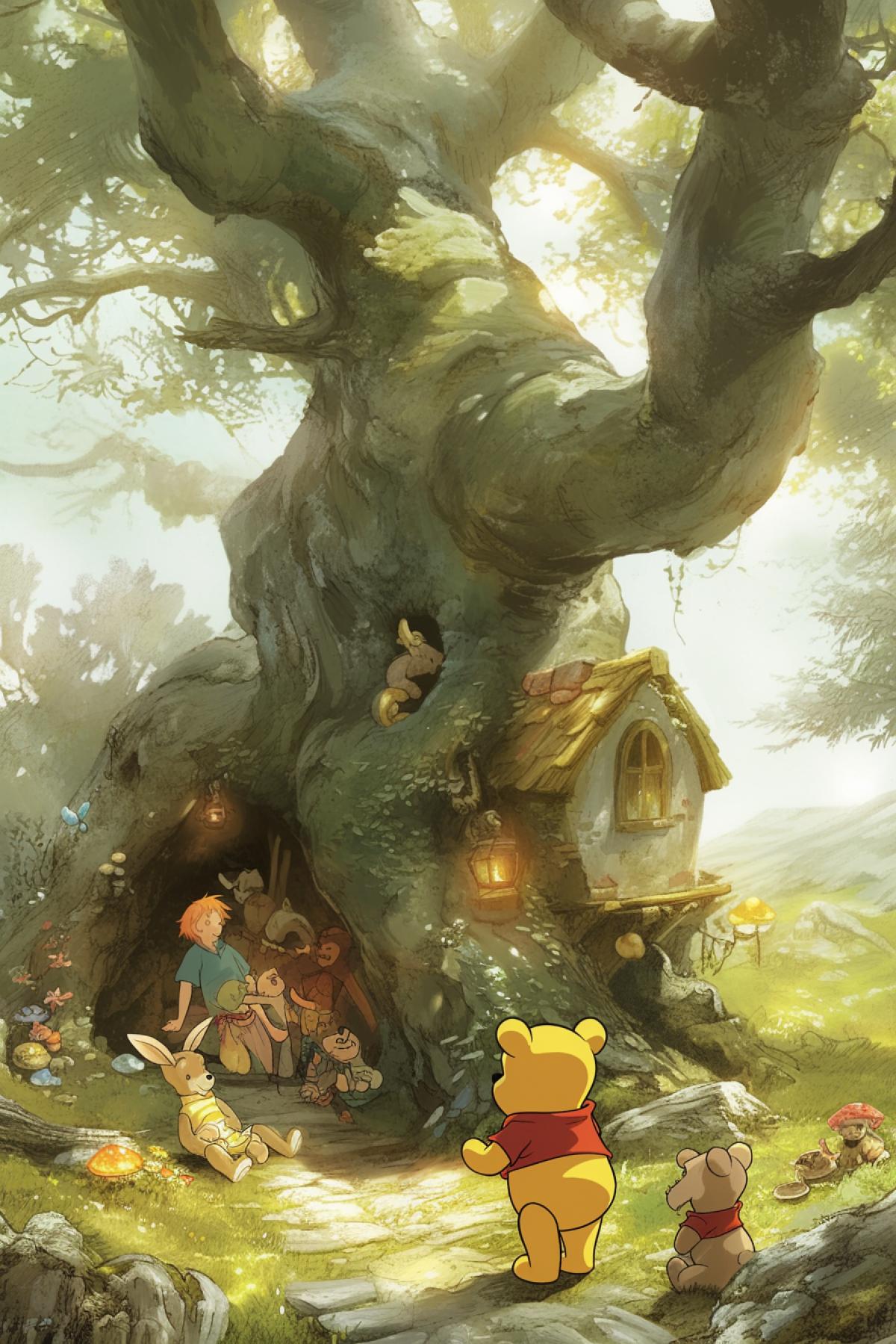 Winnie the Pooh with his friends near the Rabbit house, which is made in a large tree trunk