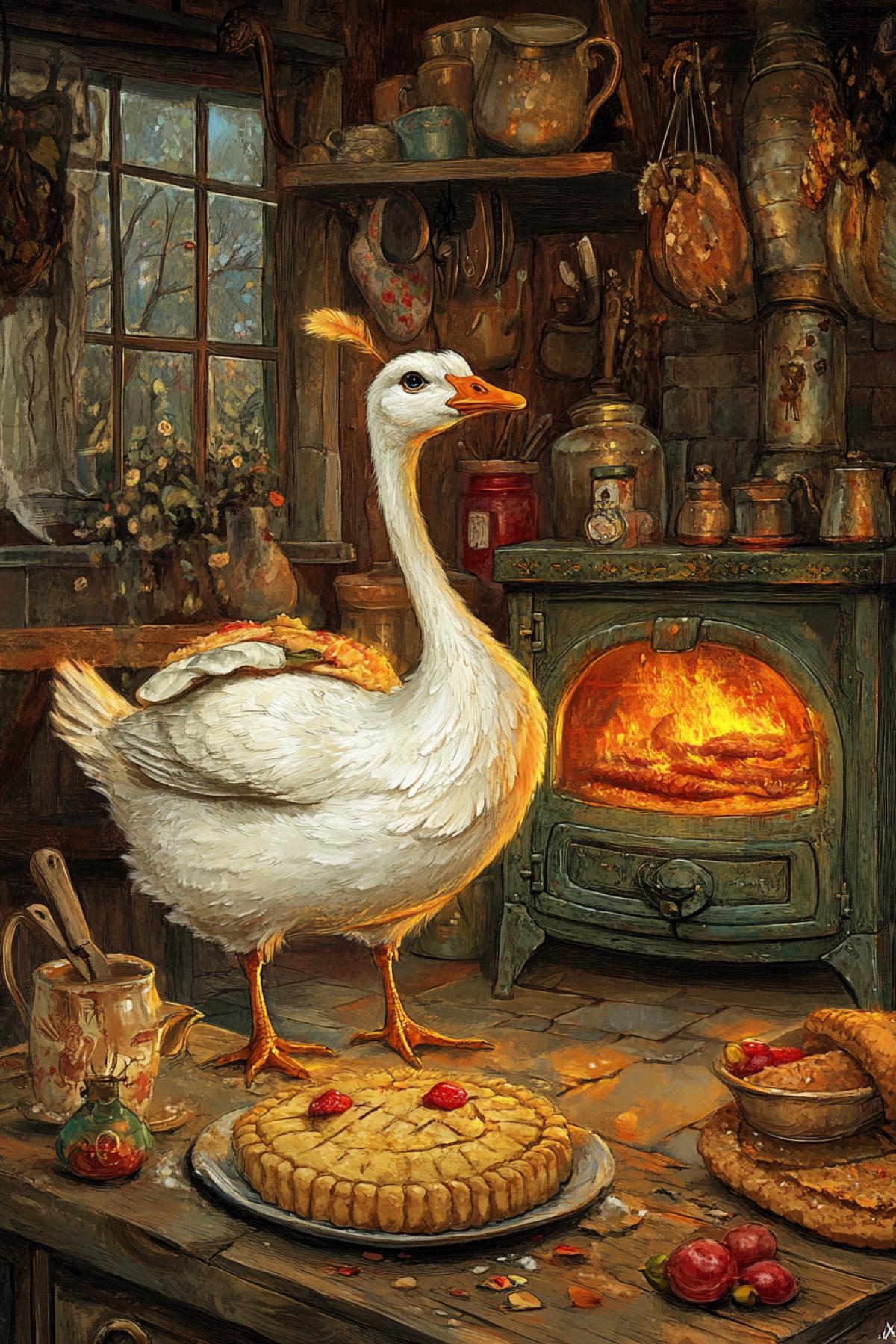 Russian stove, pies, goose with a long neck, childrens artist, illustration for the childrens book, flicker, fairy tale, mystic, magic, photoshop