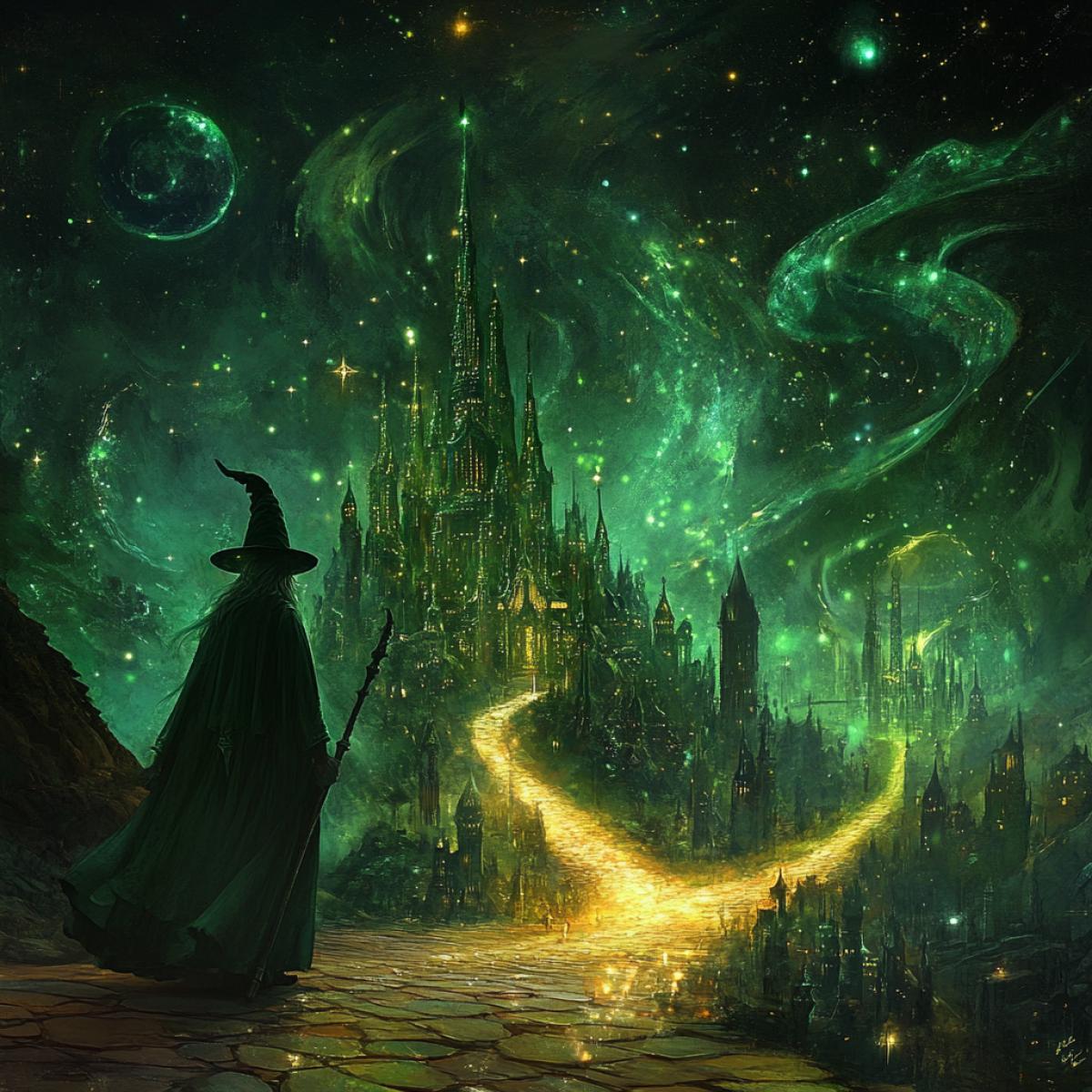 Illustration for a fairy tale wizard of an emerald city Traveling to the Emerald City
