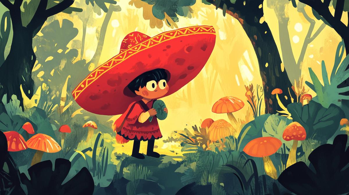 Illustration for a fairy tale, a Mexican red cap in Sombrero collects mushrooms on the way to the grandmothers house