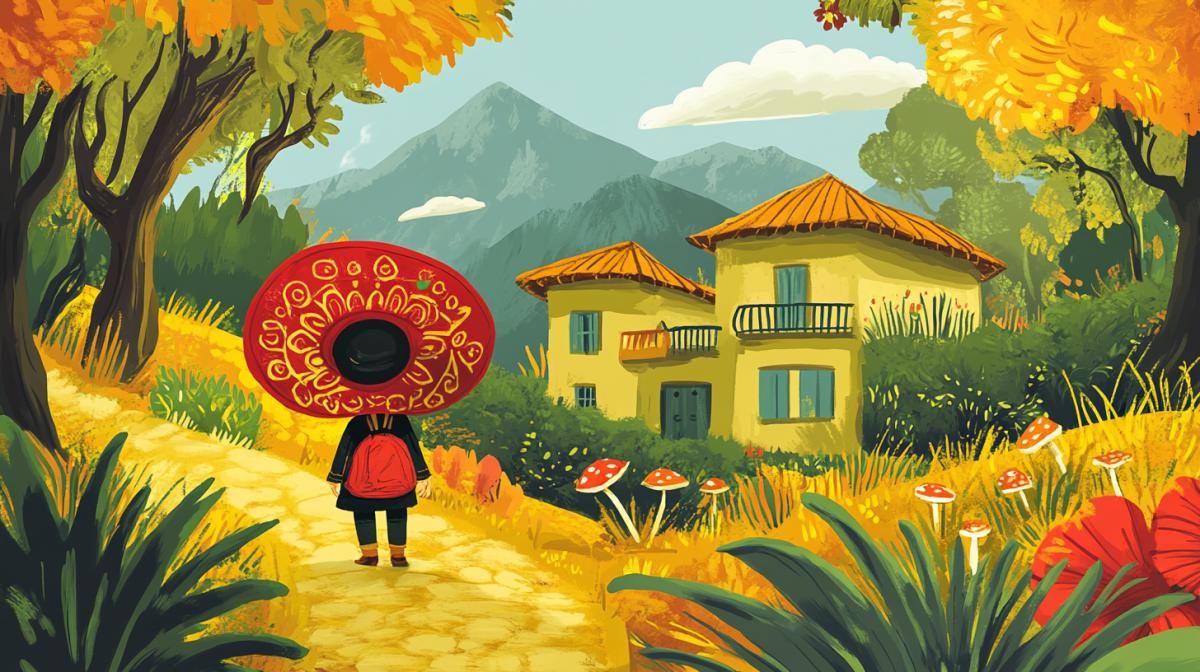 Illustration for a fairy tale, a Mexican red cap in Sombrero collects mushrooms on the way to the grandmothers house