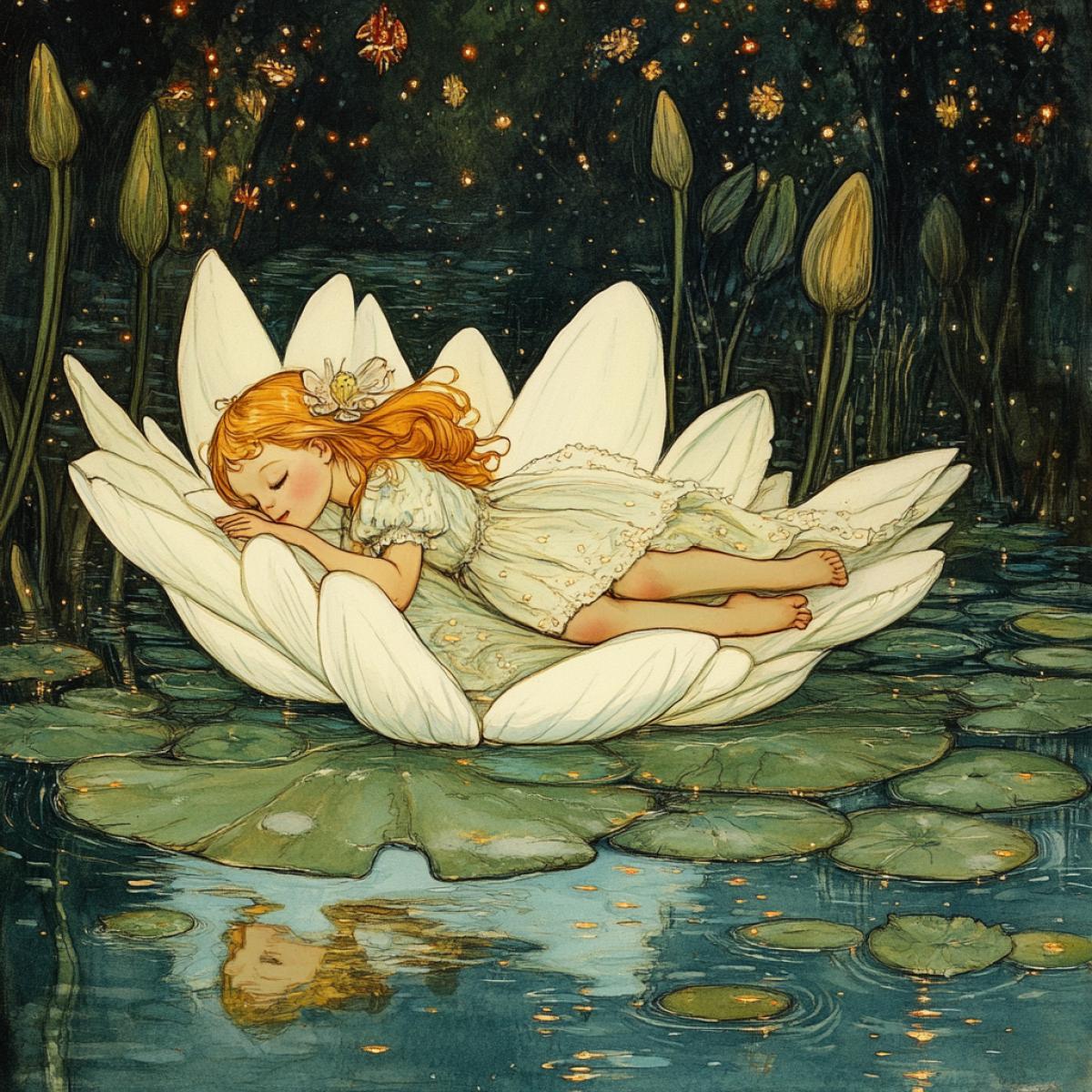 Illustration for the fairy tale of the Thumbeline the moment where the Thumbelina floats on the sheet of the water lily