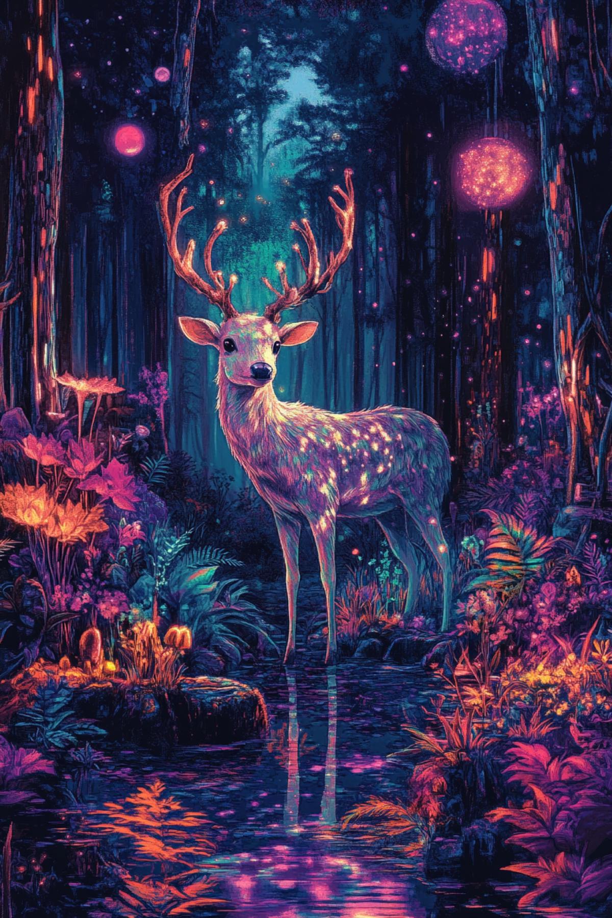 Mythical sweet creature, magical world, fairytale world, beautiful nature, fairytale forest, revived nature, magic, illustration, flickering photoshop, in the style of the artist, psychedelic