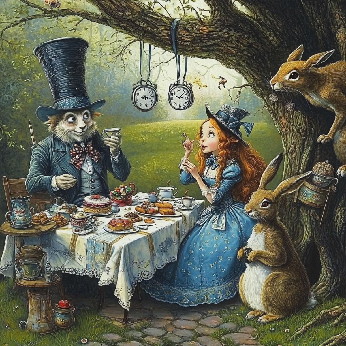 wide landscape orientation, scene from Lewis Carrolls book Alice in Wonderland, a girl Alice is sitting in a blue dress at a long table, a man in a tall hat with a bow on her neck a hatter and a hare, on a table of treats, a kettle, a cup, and hang on a tree Pocket clock, high print quality, image style, ultrarealistic