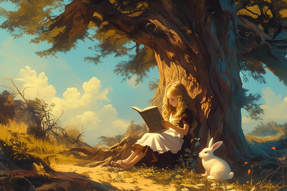 The girl Alice, the character of the fairy tale Lewis Carroll, sits with a book in her hands under a large tree, next to her a white rabbit, summer sunny day, illustration for a childrens book