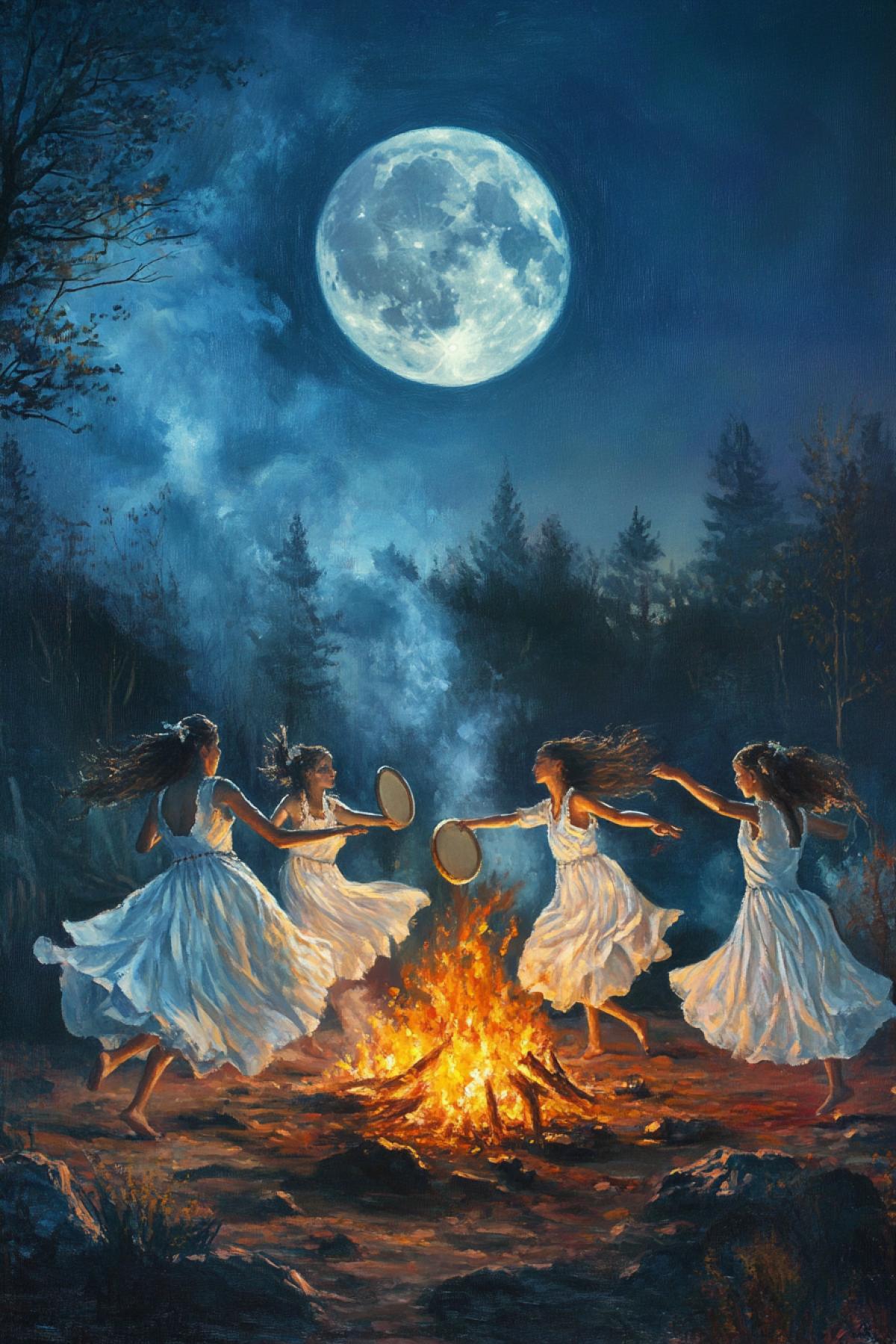 Young girls in white long skirts without a luxury dance with tamboyellow waters around the fire at night. A full moon shines above them.
