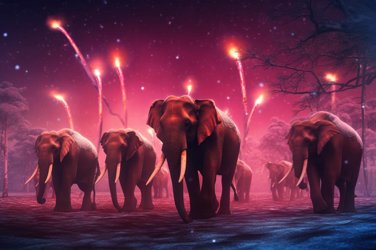 A herd of pink elephants against the background of the northern lights