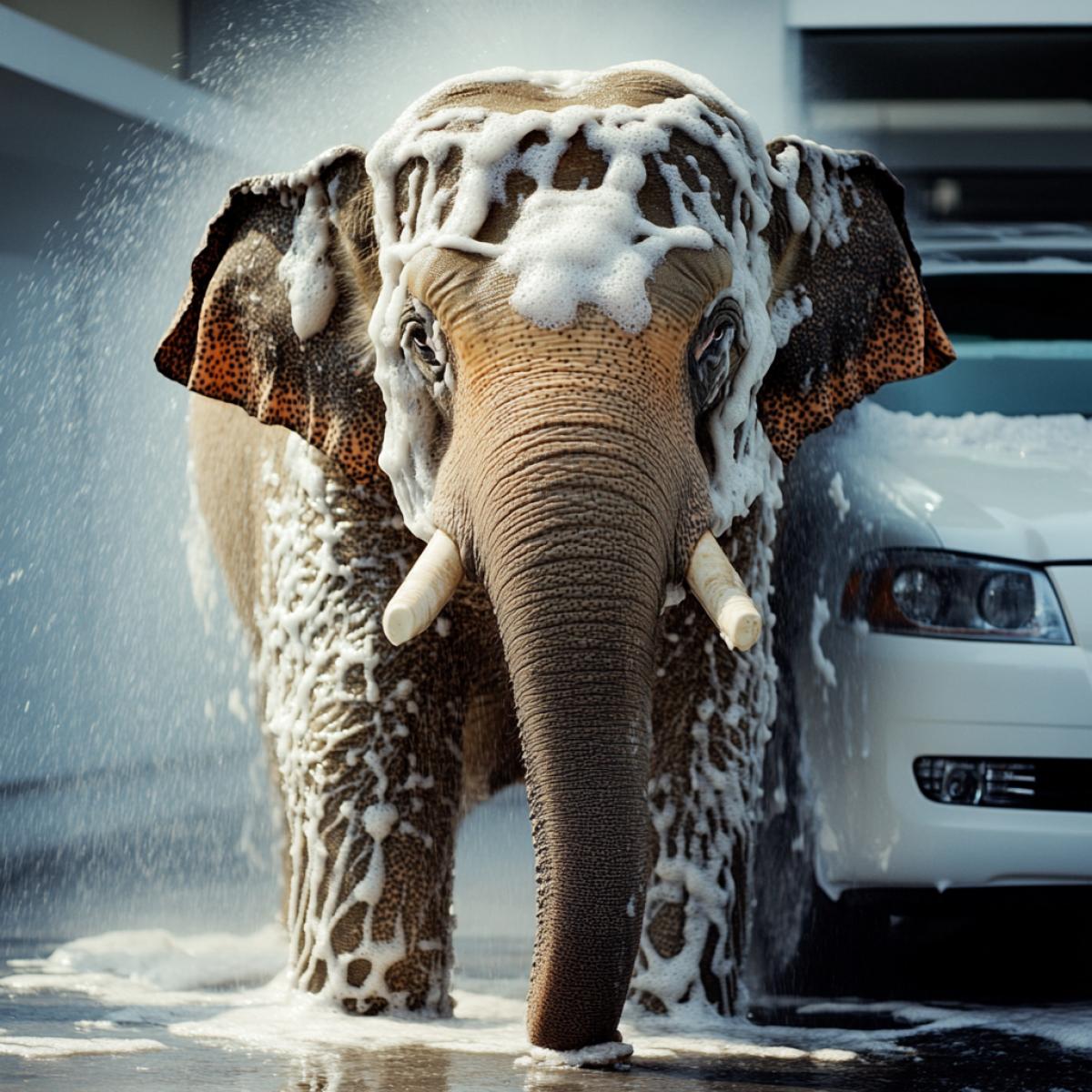 Satisfied elephant in a car wash with drum br.