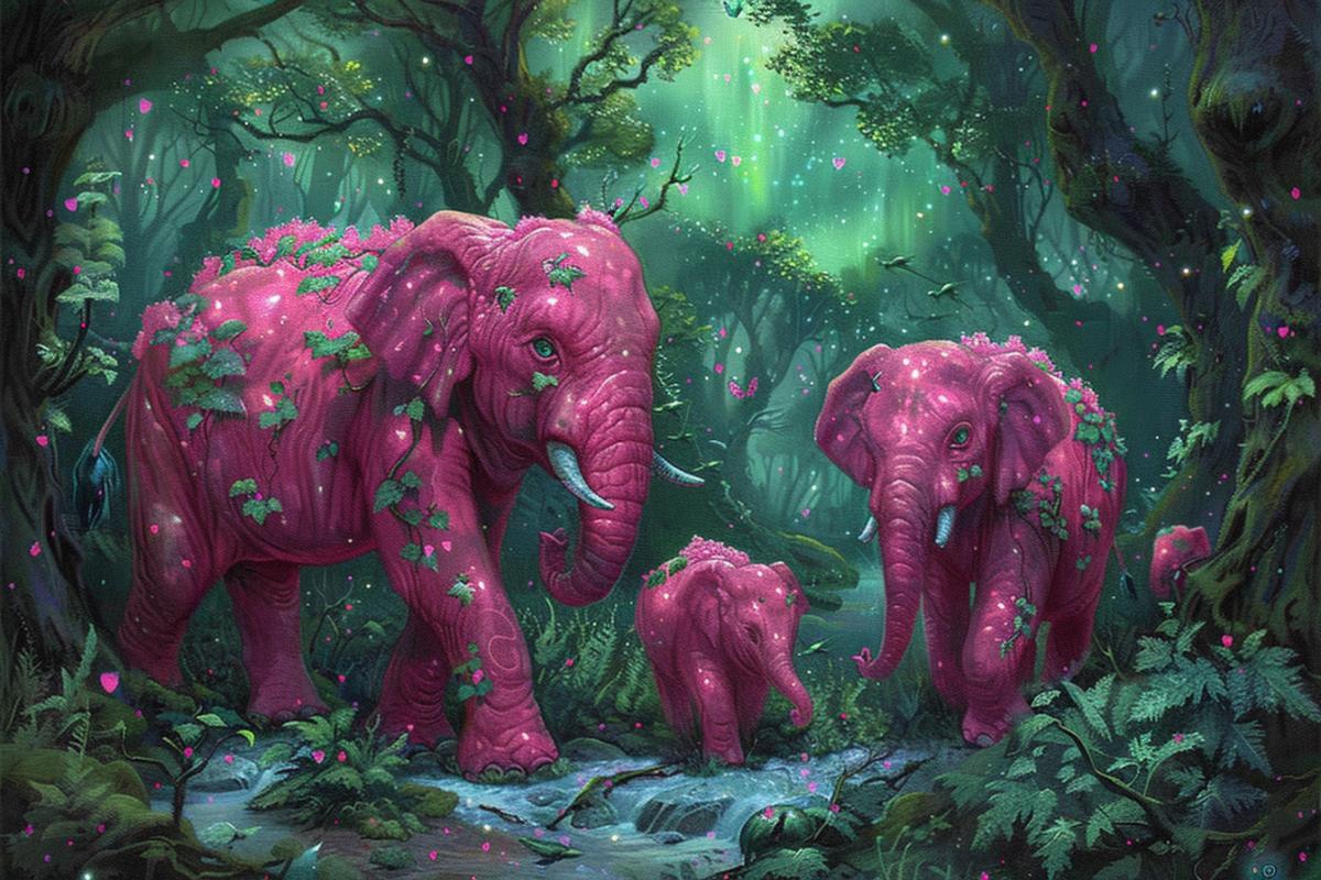 A herd of pink elephants walking in the Arctic tundra, with green Aurora Borealis, covering its path through snowy forests. The scene is captured in a realistic style using a wideangle lens