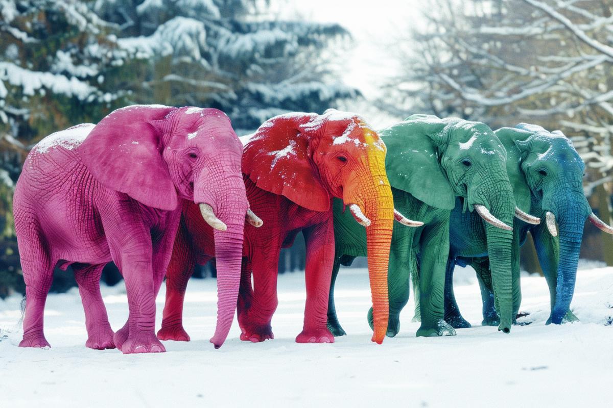A herd of pink elephants walking in the Arctic tundra, with green Aurora Borealis, covering its path through snowy forests. The scene is captured in a realistic style using a wideangle lens