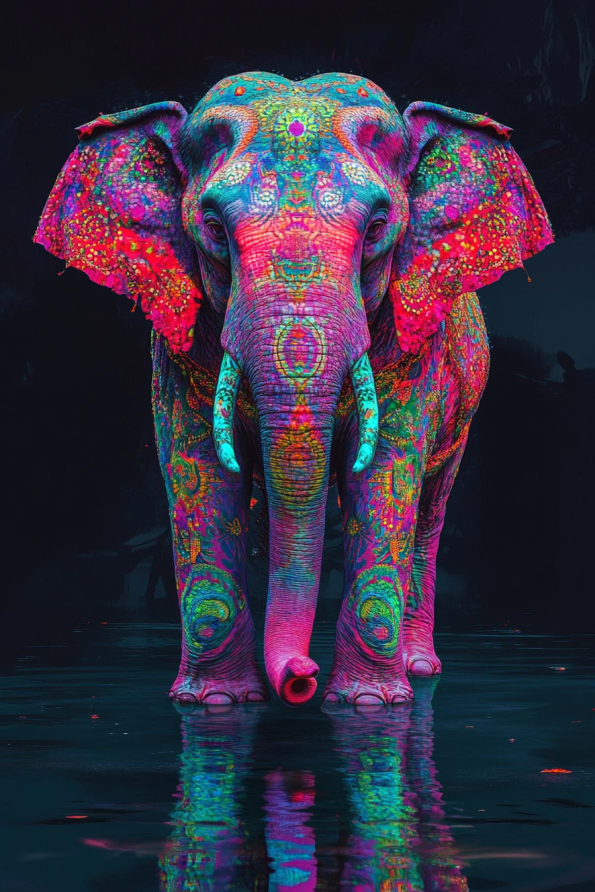Big cool living elephant in the image of the Indian God, minimalism, psychedelic, clear details, flicker, realistic image, photoshop