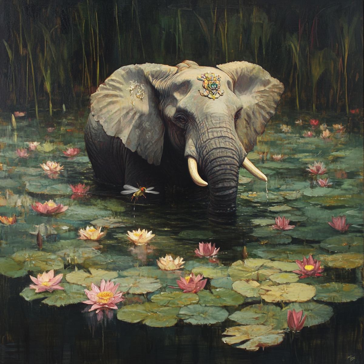 Elephant in water lilies flies a fly