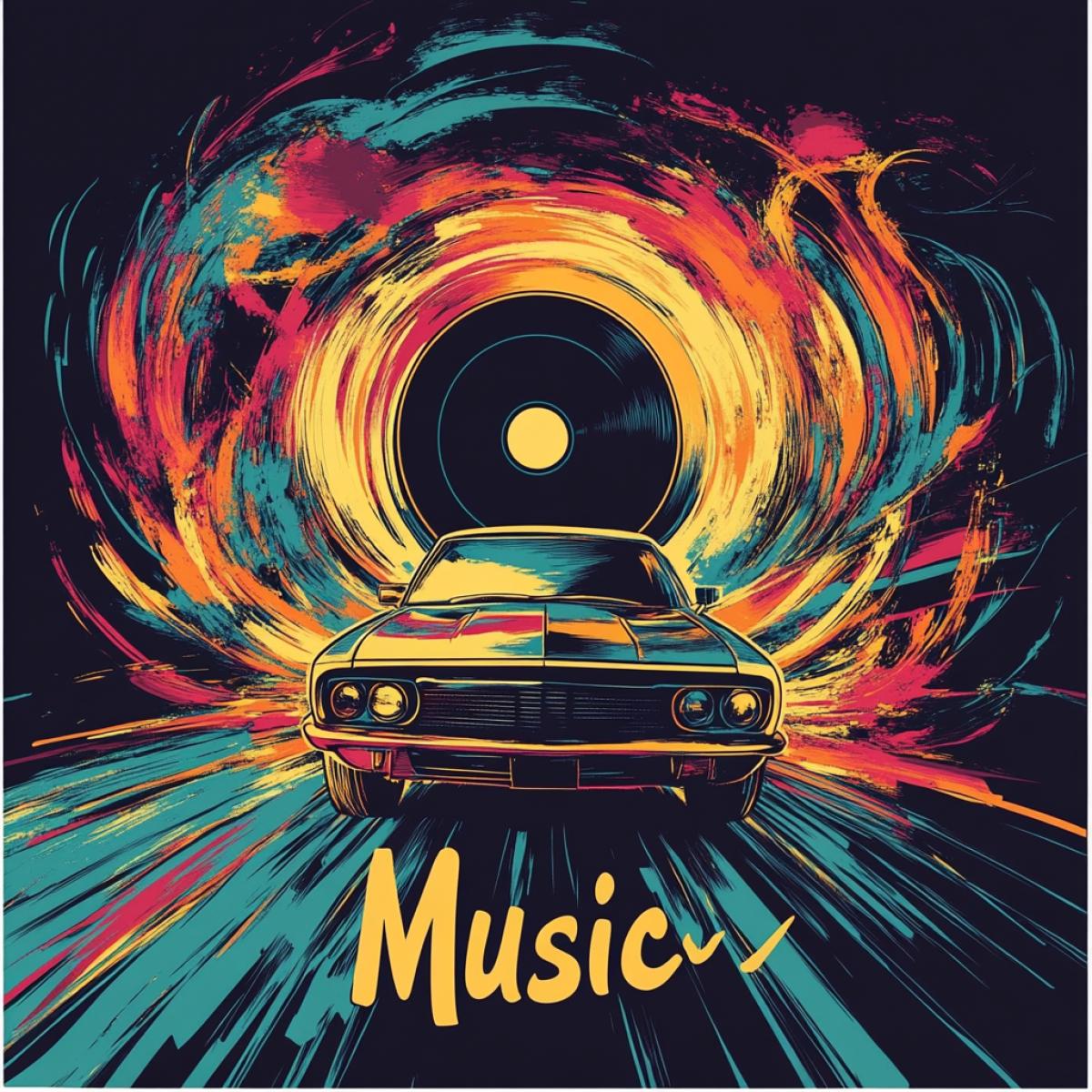 Cover for a musical disk.  Rhythmic music for a car, inscription \"Music\"
