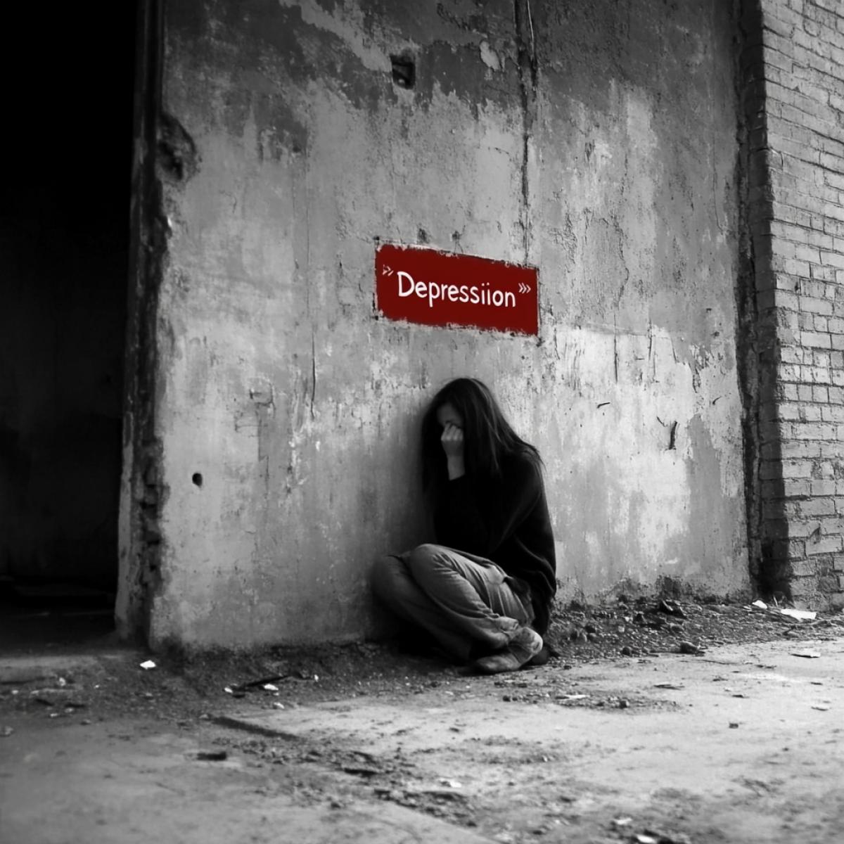 Cover. In the center of \"Depression\" in red letters. Gloomy, depressive. The girl sits on her knees lowered her head between the brick walls. Gray colors, concrete
