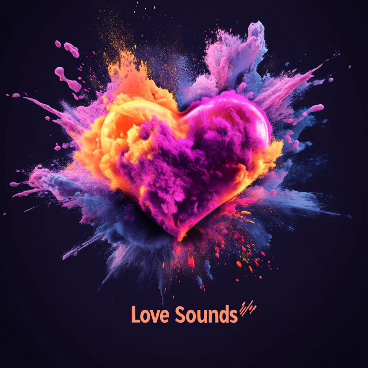 The cover is creative bright. Bright neon heart, explosion, spray, purple, pink, yellow. Title \"Love Sounds\". Surrealism, high quality