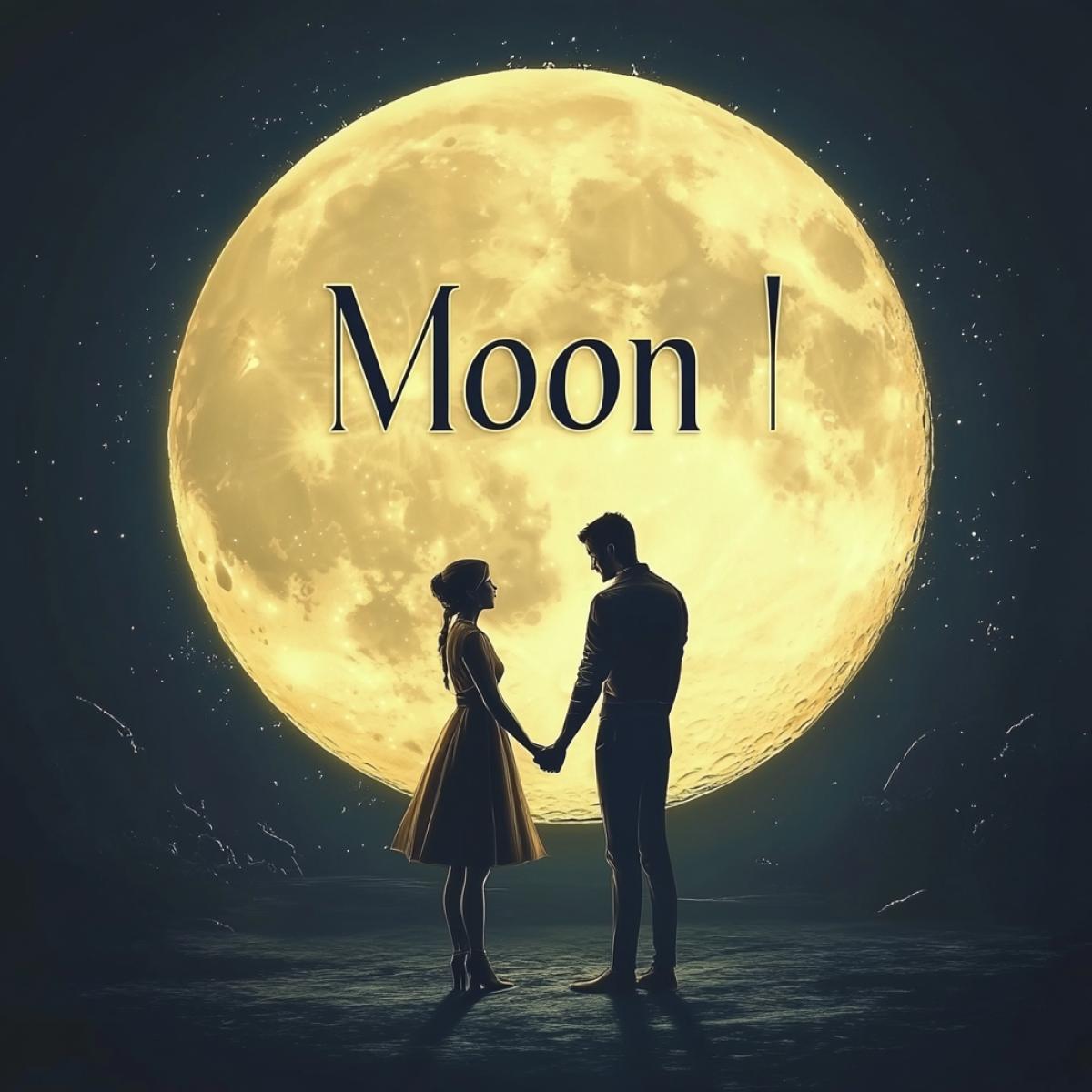 Cover. The dark contours of a man and women hold hands, look at a large yellow moon. From the moon a glow. In large neon letters, the header \"Moon\" high quality photo. Creative