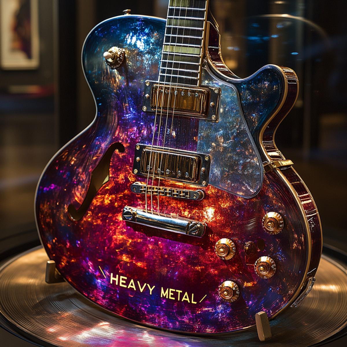 A magical and mesmerizing com4k of two electric guitars and a drum umtanova. Each guitar displays a vibrant color spectrum from fiery red to deep purple. The drums radiate mesmerizingly. The centerpiece sits elegantly on a round vinyl record-like stand, which softly illuminates and accentuates the intricate gold lettering \"HEAVY METAL\". The dark background perfectly complements the enchanting radiance and beauty of this extraordinary creation. Stylization of the record cover.