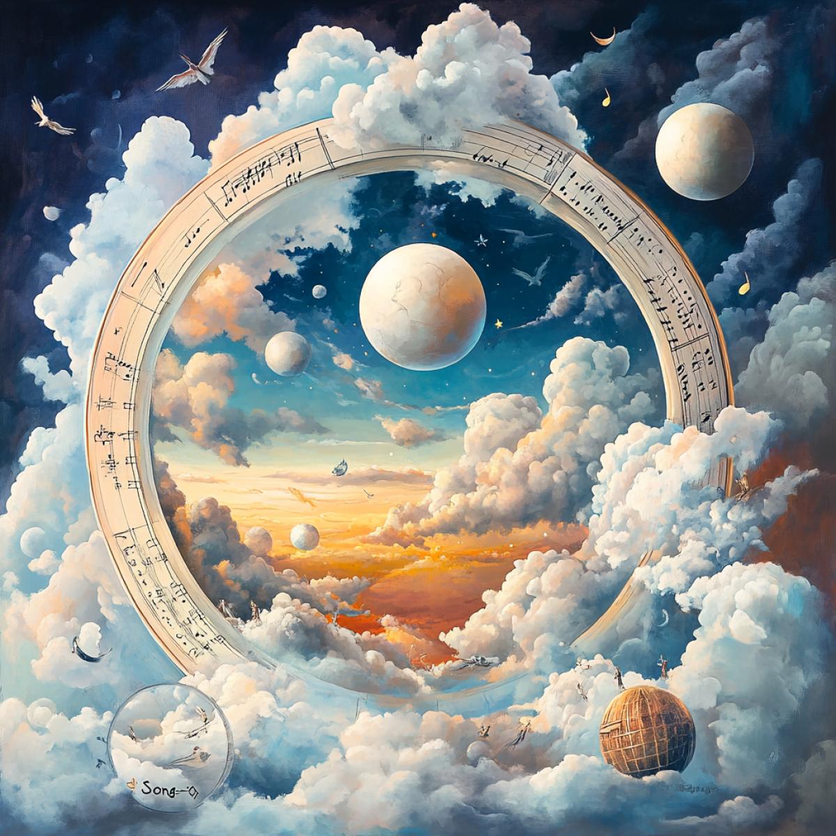 Illustration for the cover of the musical disk ball in the clouds, the inscription \"Song-\" Ball in the Clouds \"