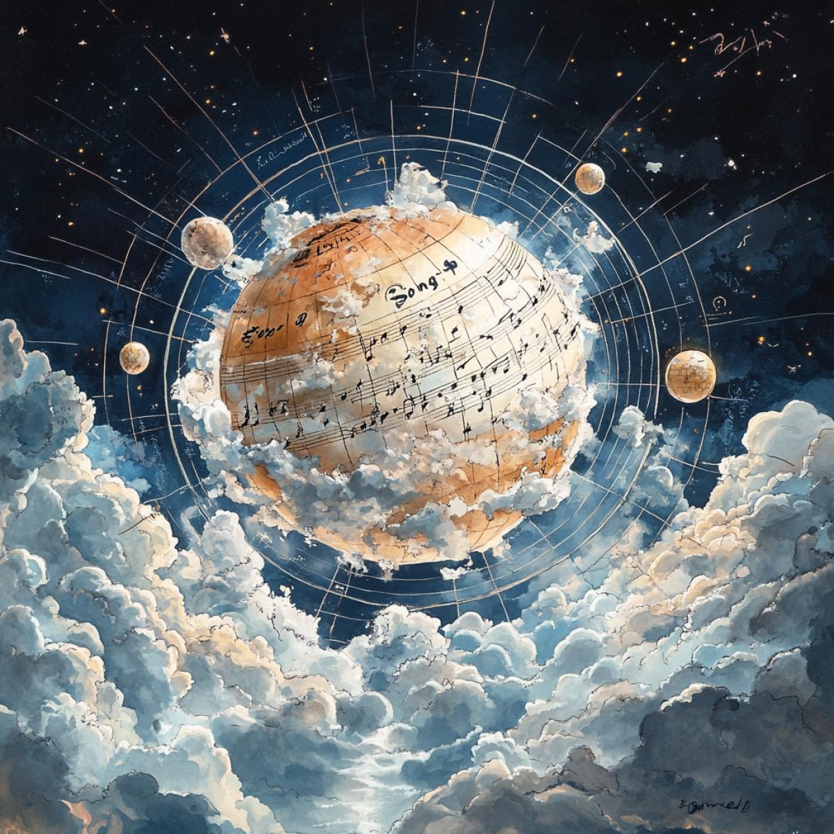 Illustration for the cover of the musical disk ball in the clouds, the inscription \"Song-\" Ball in the Clouds \"