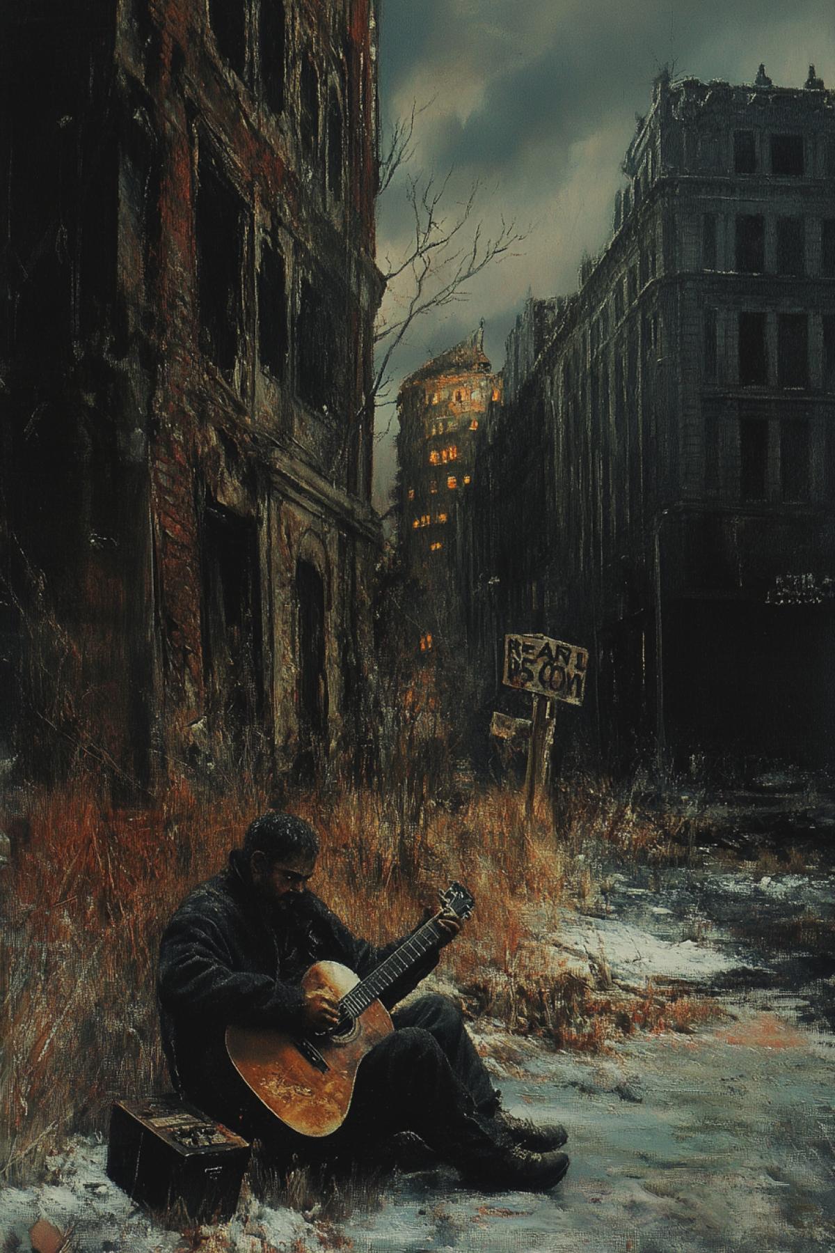 The cover of the musical album. The abandoned buildings and a poor man sits nearby, asks for a pardon with a sign. There is a guy with Ferari nearby