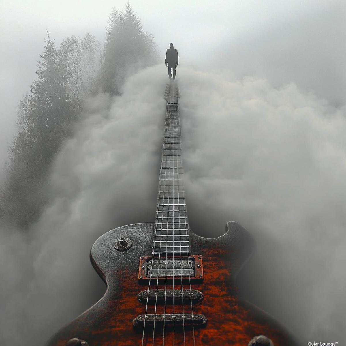 The header is large from the \"Guitar Lounge\" by creative font. A man walks along the grip of the guitar, small, surreal poetry, surrealism, in the future fog, a man leaves the fog, an angle along the guitar