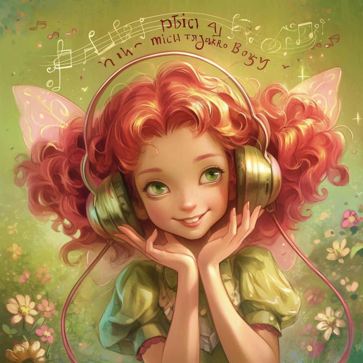 Charming little fairy. Smiles with a radiant good smile. There are big headphones for music on my head. Yarko-pink curly hair, it is dressed in green clothes. In the background, tiny flowers and notes. Pixar style, wide angle. Cover for a musical album. Magic inscription