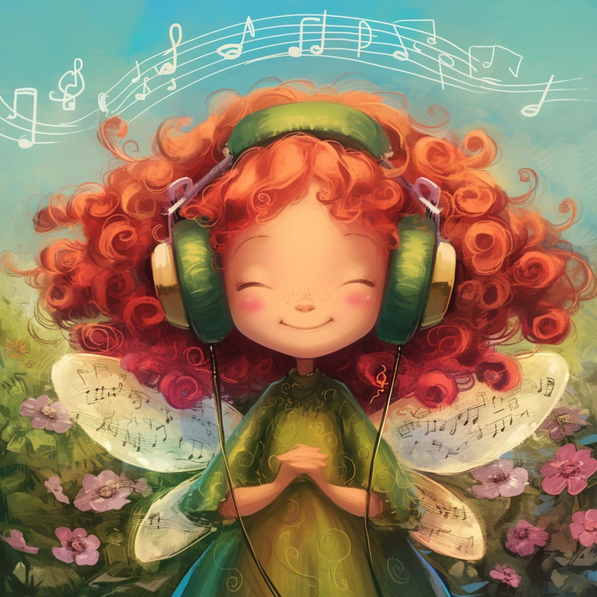 Charming little fairy. Smiles with a radiant good smile. There are big headphones for music on my head. Yarko-pink curly hair, it is dressed in green clothes. In the background, tiny flowers and notes. Pixar style, wide angle. Cover for a musical album. Magic inscription