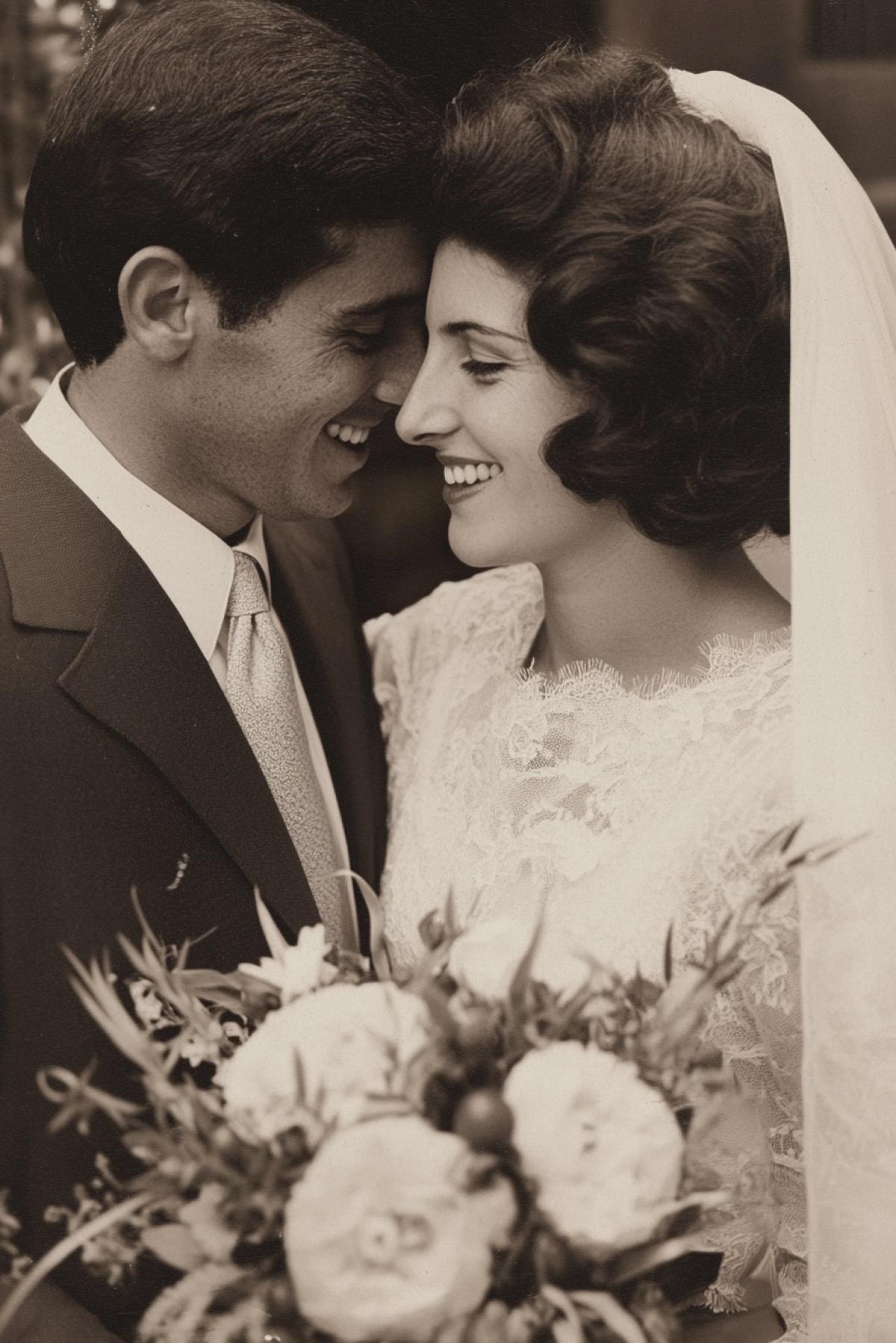 Retro wedding photo, tenderness and happiness of the newlyweds