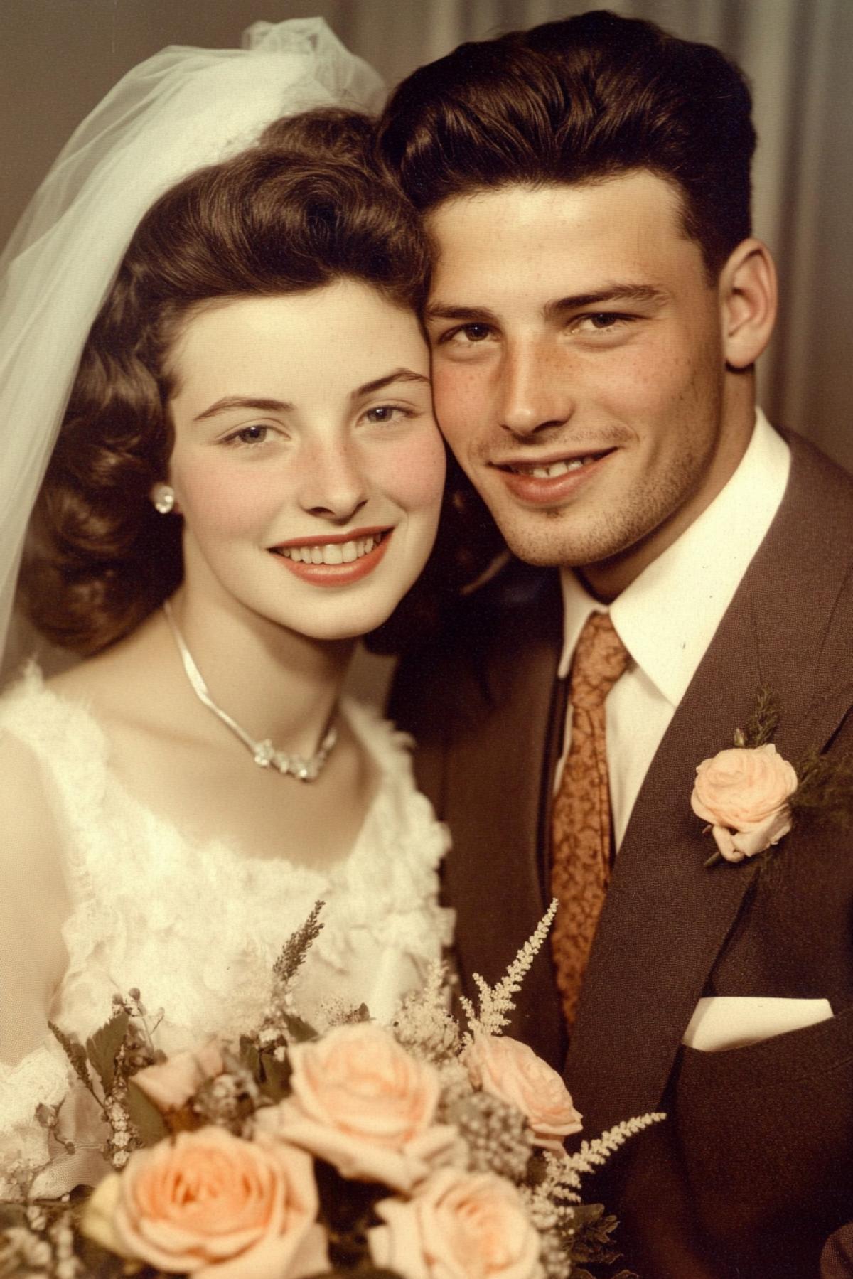 Retro wedding photo, tenderness and happiness of the newlyweds