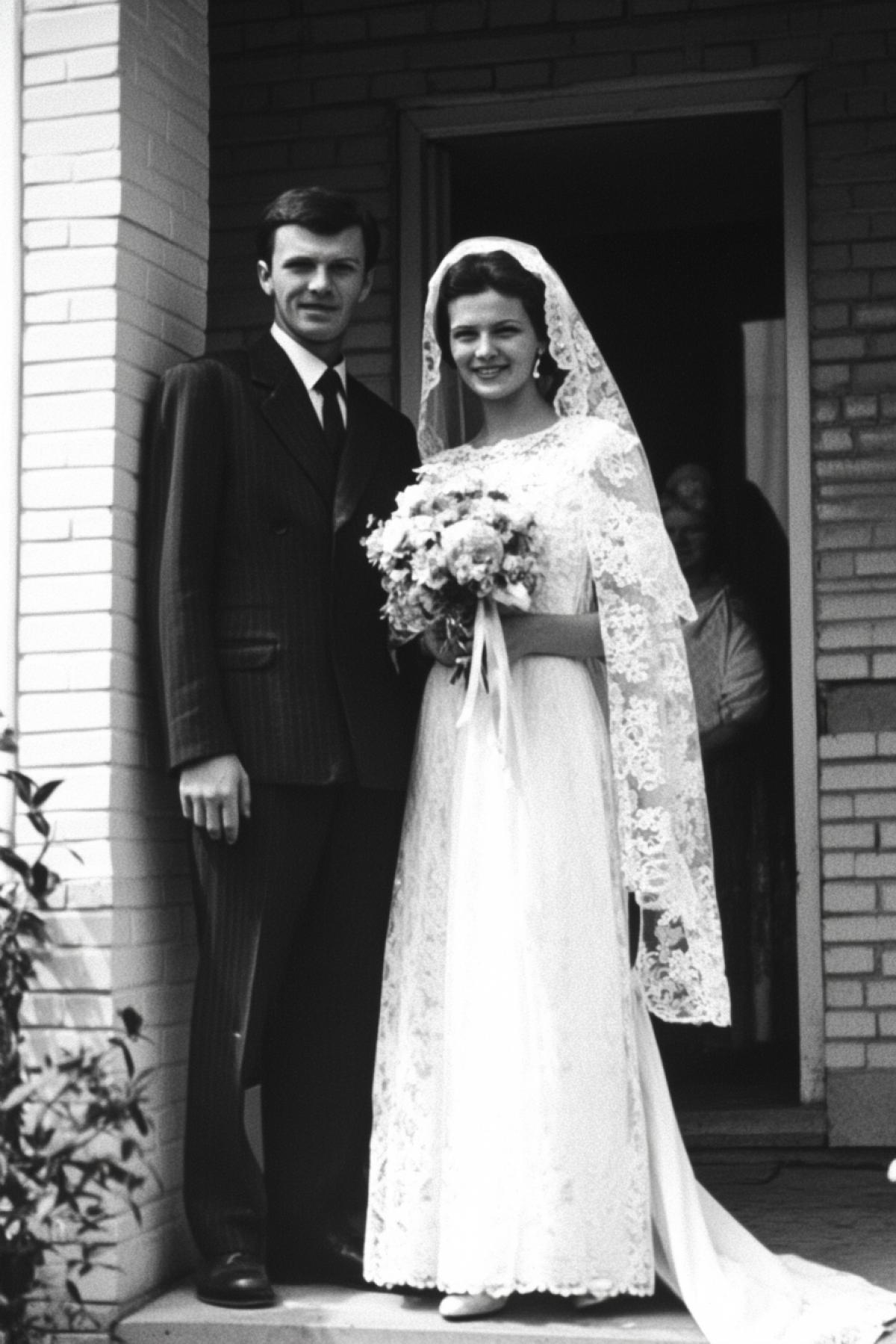 dark and white wedding photo of 1970, Saratov, newlyweds and relatives on the porch of the registry office, bride in a long white dress and wedding veil, with a bouquet of flowers, a bridegroom in a dark suit and a white shirt