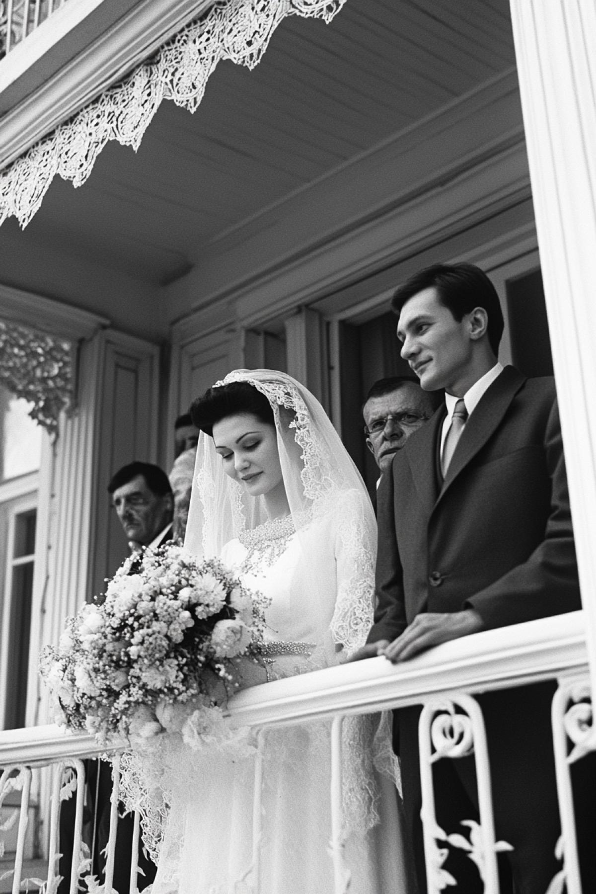 dark and white wedding photo of 1970, Saratov, newlyweds and relatives on the porch of the registry office, bride in a long white dress and wedding veil, with a bouquet of flowers, a bridegroom in a dark suit and a white shirt