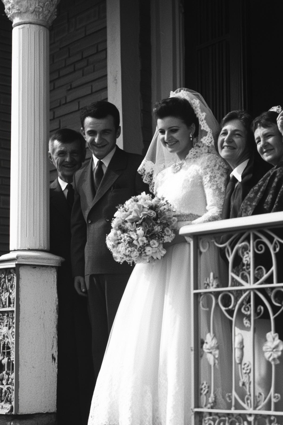 dark and white wedding photo of 1970, Saratov, newlyweds and relatives on the porch of the registry office, bride in a long white dress and wedding veil, with a bouquet of flowers, a bridegroom in a dark suit and a white shirt