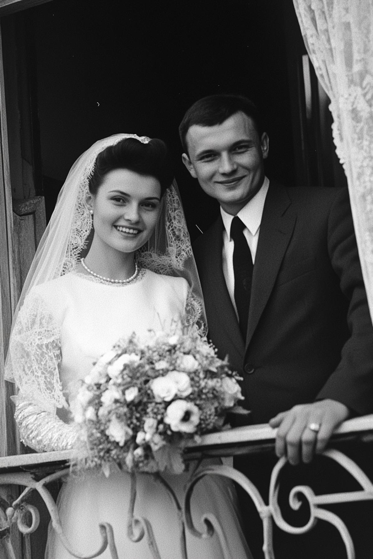 dark and white wedding photo of 1970, Saratov, newlyweds and relatives on the porch of the registry office, bride in a long white dress and wedding veil, with a bouquet of flowers, a bridegroom in a dark suit and a white shirt