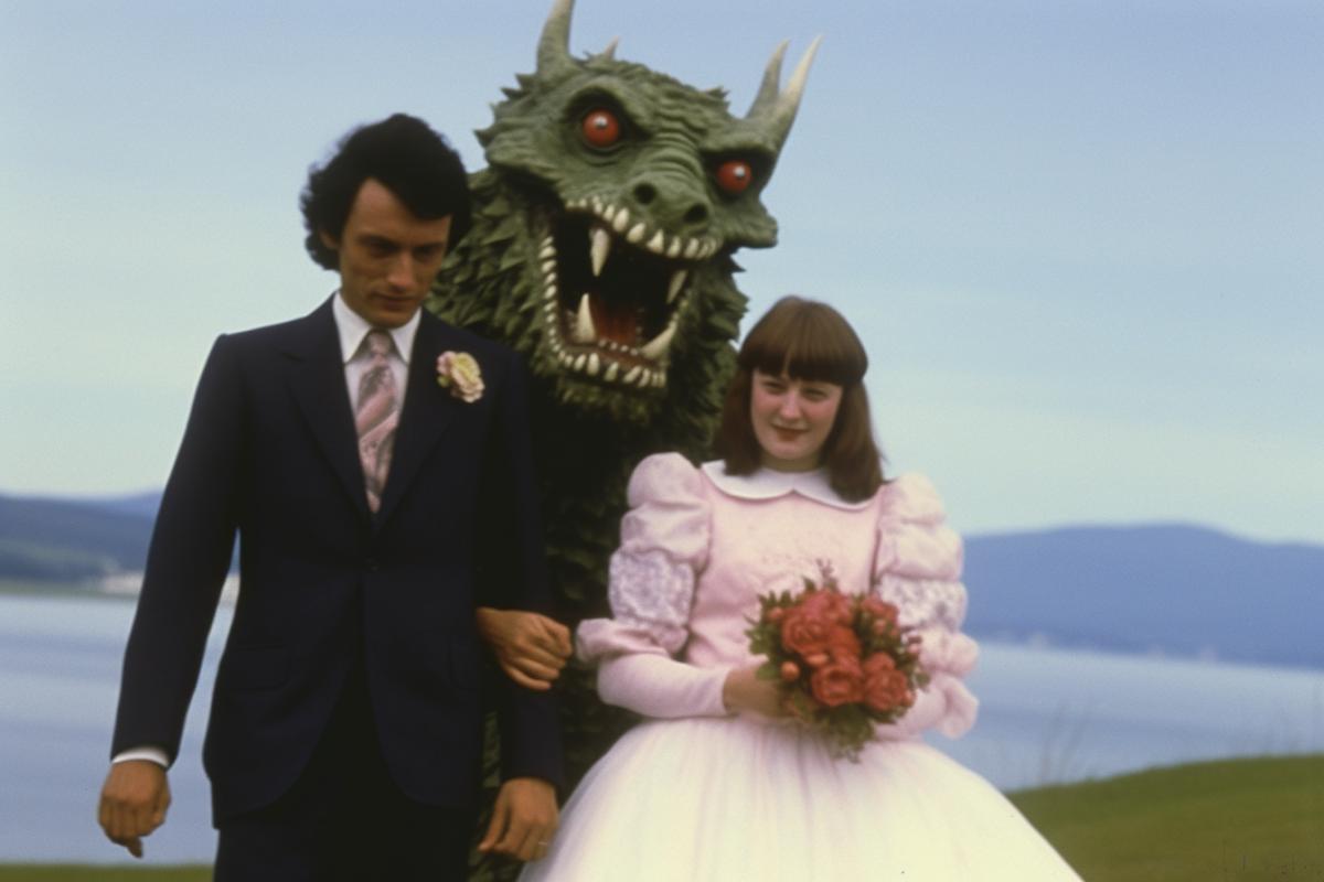 Retro photo, wedding with a demon