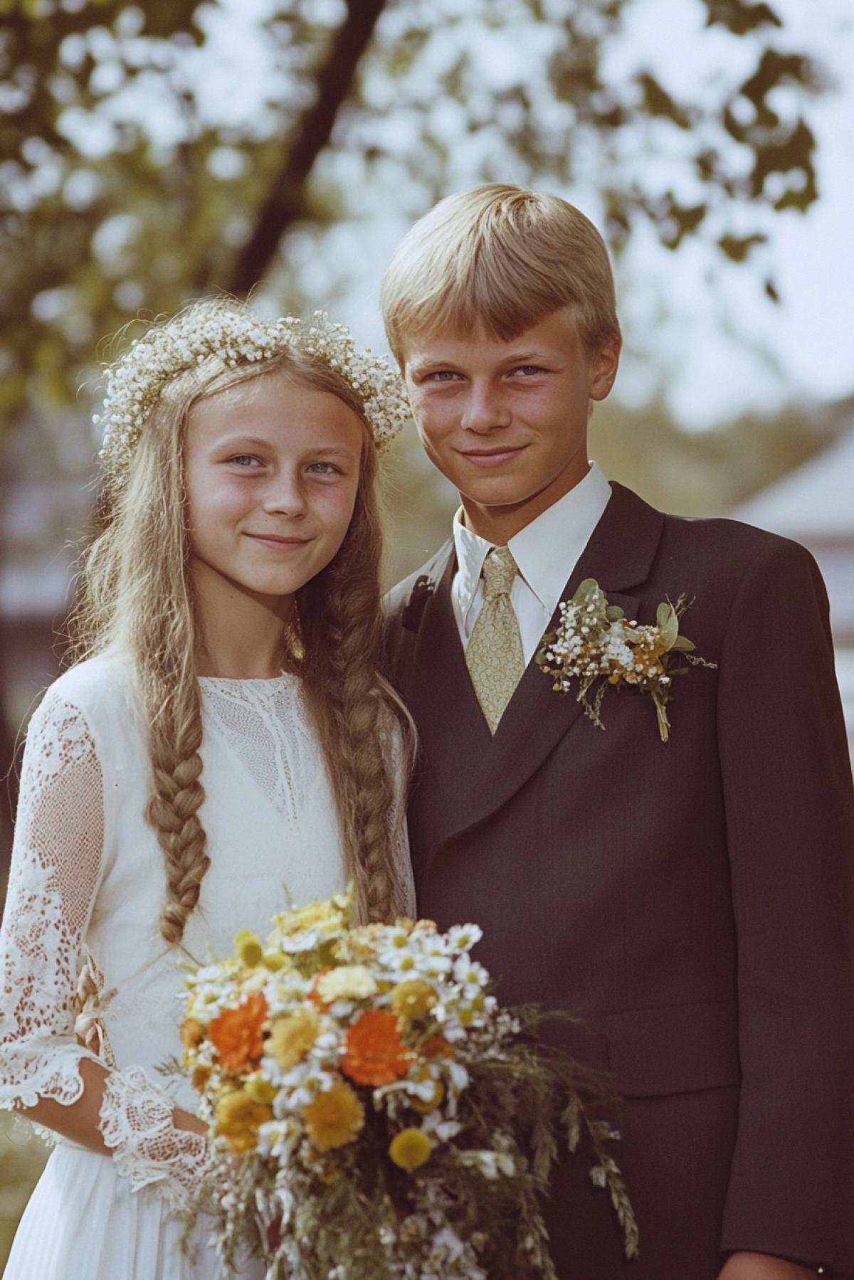 Wedding photo of young the 45th leader of the United States and feminine Greta Thunberg. The photo was taken in the 1960s at a hippie settlement during the Woodstock concert. The photographer managed to capture the full bouquet of emotions of the hippie movements freedom and the joy of the wedding.