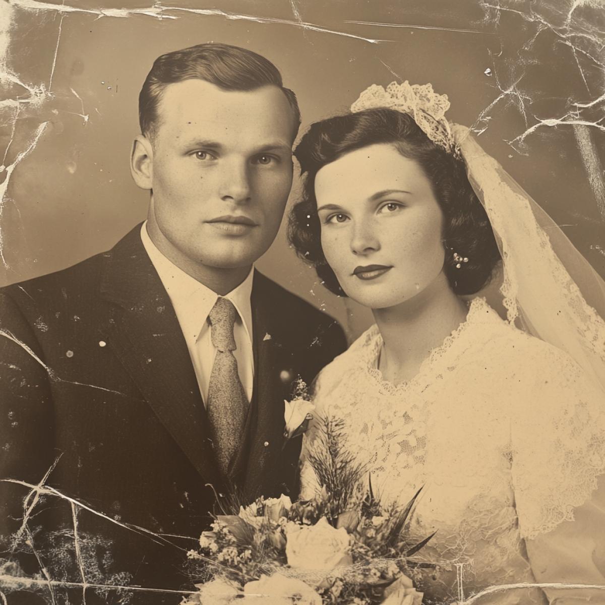 Wedding photo retro, 1945, yellowed, rumpled, man and woman in a photo salon, realistic