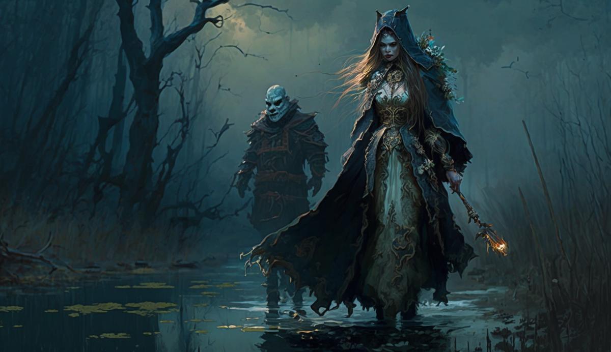 Kikimora marsh from Russian fairy tales walks with Leshim through the swamp.