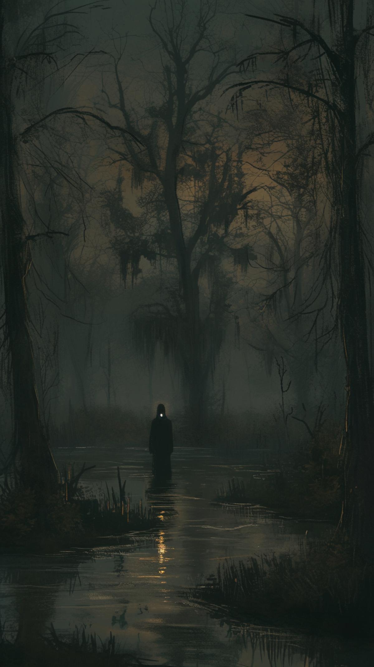 old swamp, dense dark forest, night, creepy atmosphere, light fog, strange dark silhouettes of people in the fog, swamps, grove, horror style