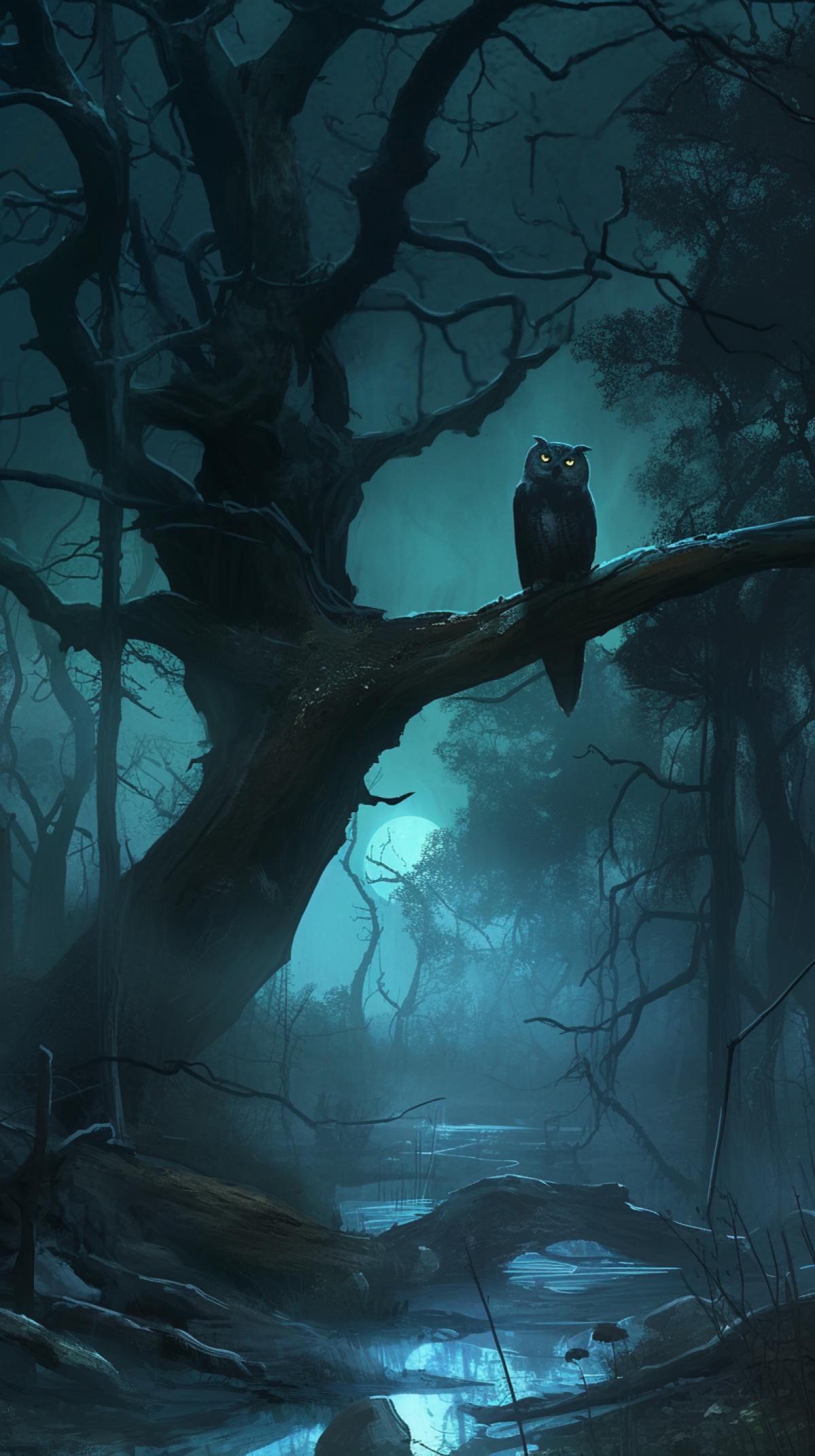 old swamp, dense dark forest, night, creepy atmosphere, light fog, swamp, grove, horror style, dark fantasy, owl sitting on a tree branch, by Gerald Brom