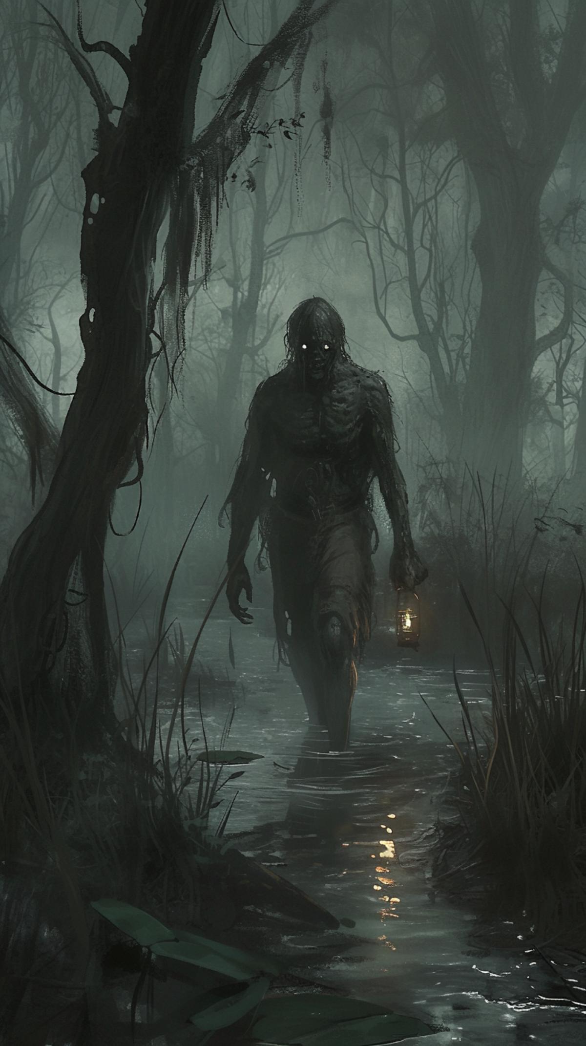 zombie man walking through the swamp, night, darkness, dark creepy forest, deep night, white glowing eyes, swamp, dark swamp, dark fantasy, horror style, by Gerald Brom, dark green and grey, fog, 4K, hyper detailed, close up