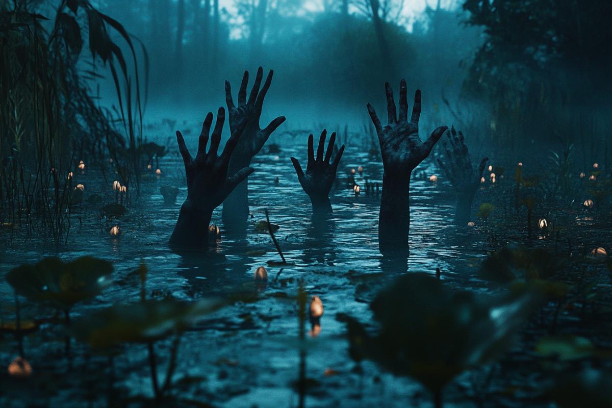 A gloomy, creepy swamp at night, the hands of the dead reaching out from under the water, the mystical atmosphere of a scary fairy tale, mysterious light from the depths of the waters, many magical plants, photorealism