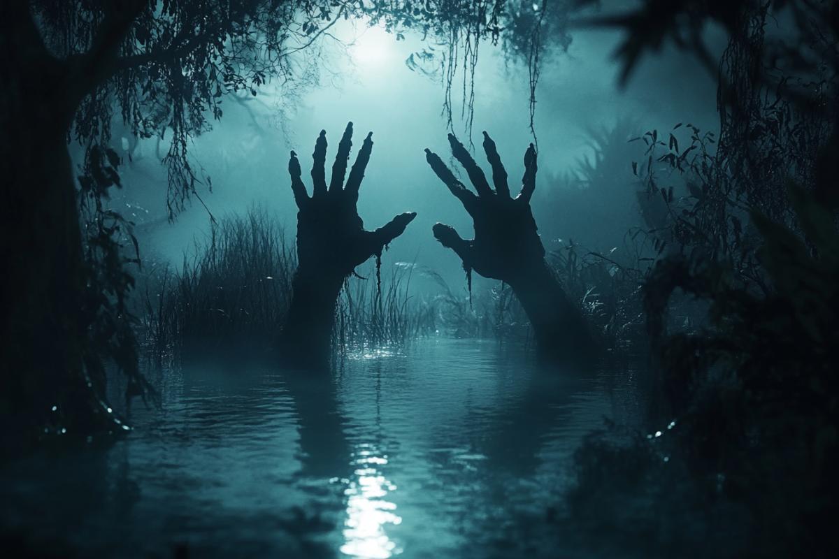 A gloomy, creepy swamp at night, the hands of the dead reaching out from under the water, the mystical atmosphere of a scary fairy tale, mysterious light from the depths of the waters, many magical plants, photorealism