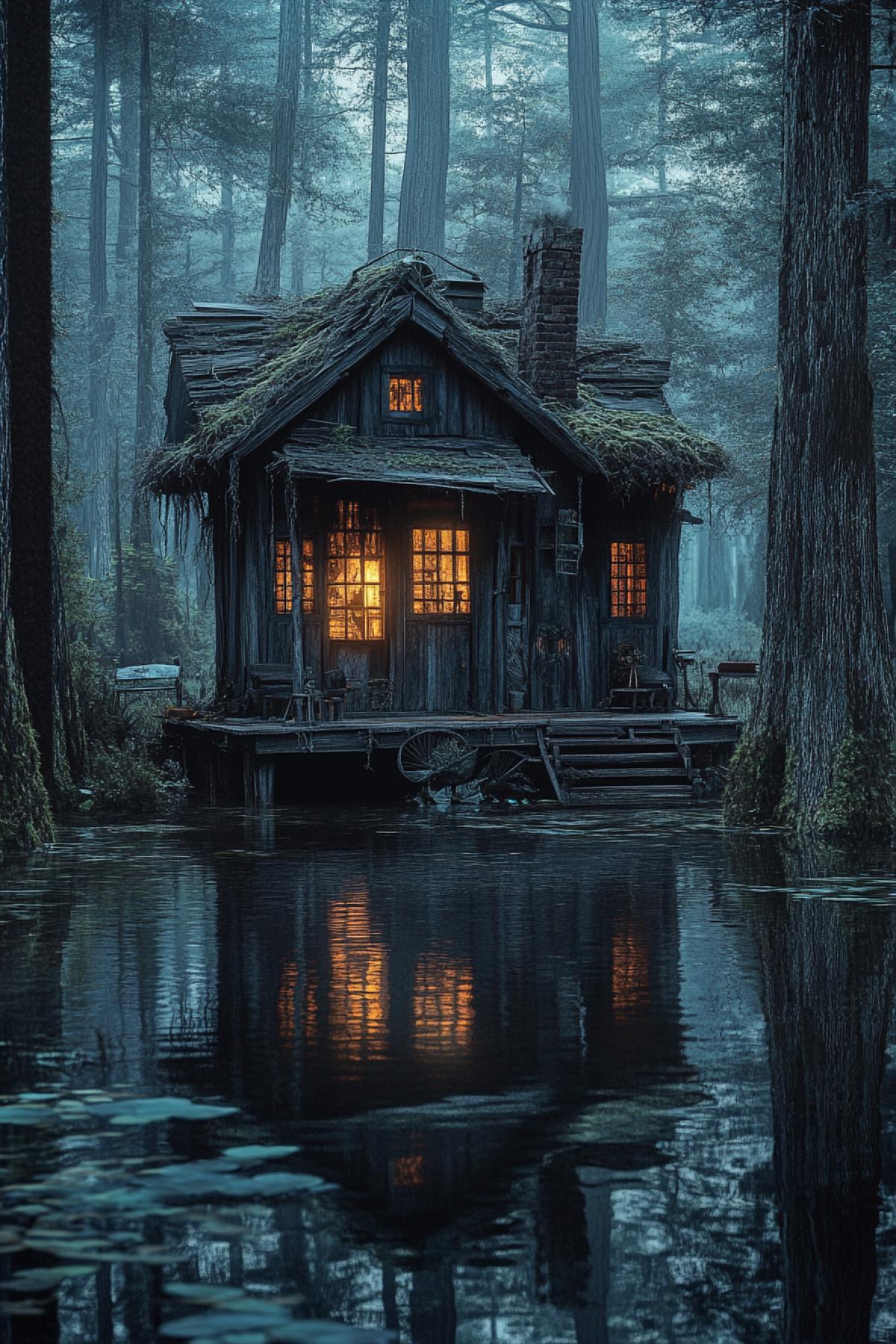 Swamp, Baba Yaga, Wooden Izuya, Psydelika, Maximalism, clear details, fairytale peace, flicker, realistic image, Photoshop