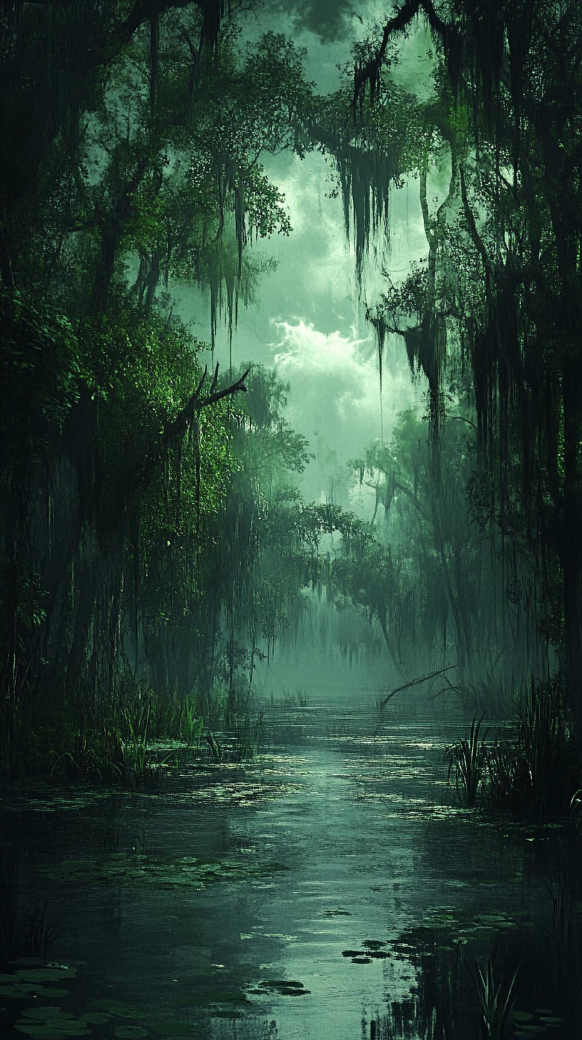 The swamp is thick fog, the water is dark, the trees are clumsy, the thickets are bizarre, around the magical situation, everything is gloomy, mysterious, somewhere the portal is hidden in another world, the whole atmosphere is full of mysteries and dangers