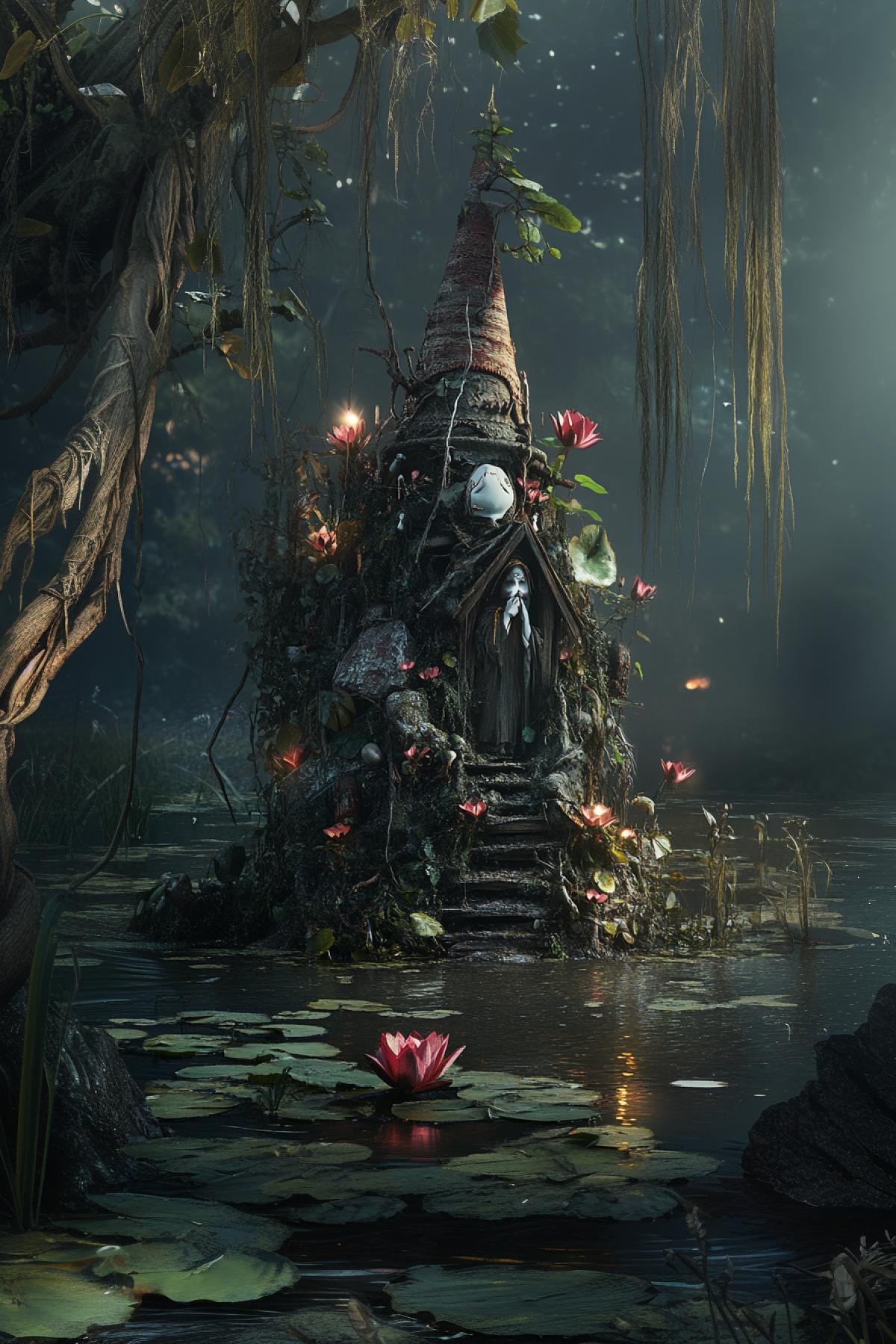 Swamp, Baba Yaga, Psydelika, Maximalism, clear details, fairytale peace, flicker, realistic image, Photoshop