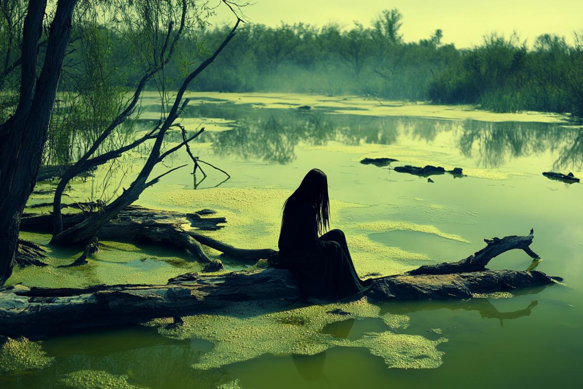 Top swamp. Bog. Green Tina. Dry dead trees in a swamp. In a snag in a swamp, Kikimora Bolotnaya sits.